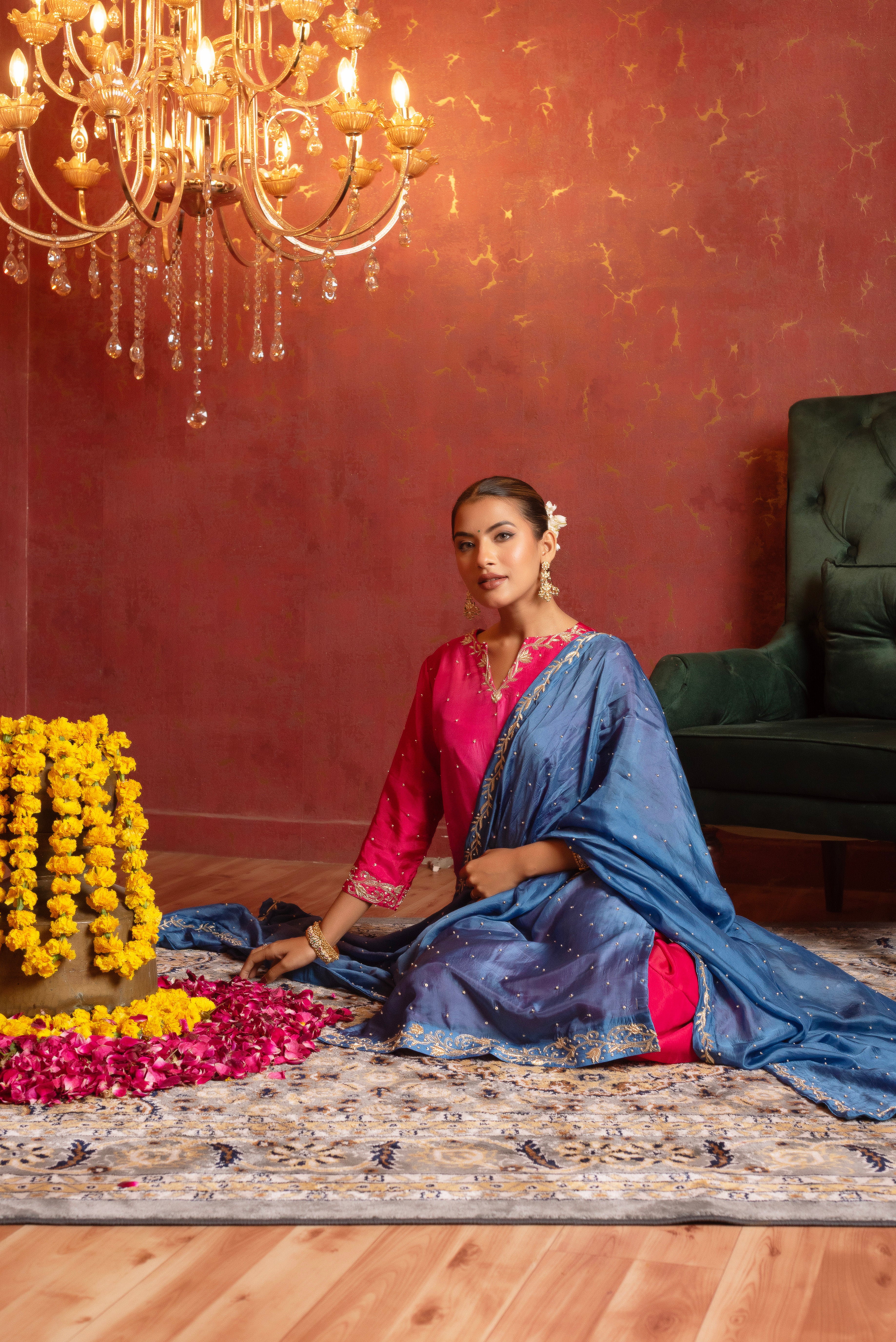 GULFIZAN SILK TWO TONE ZARDOZI AND AARI TARI HAND WORK  STRAIGHT SUIT SET WITH SILK DUPATTA