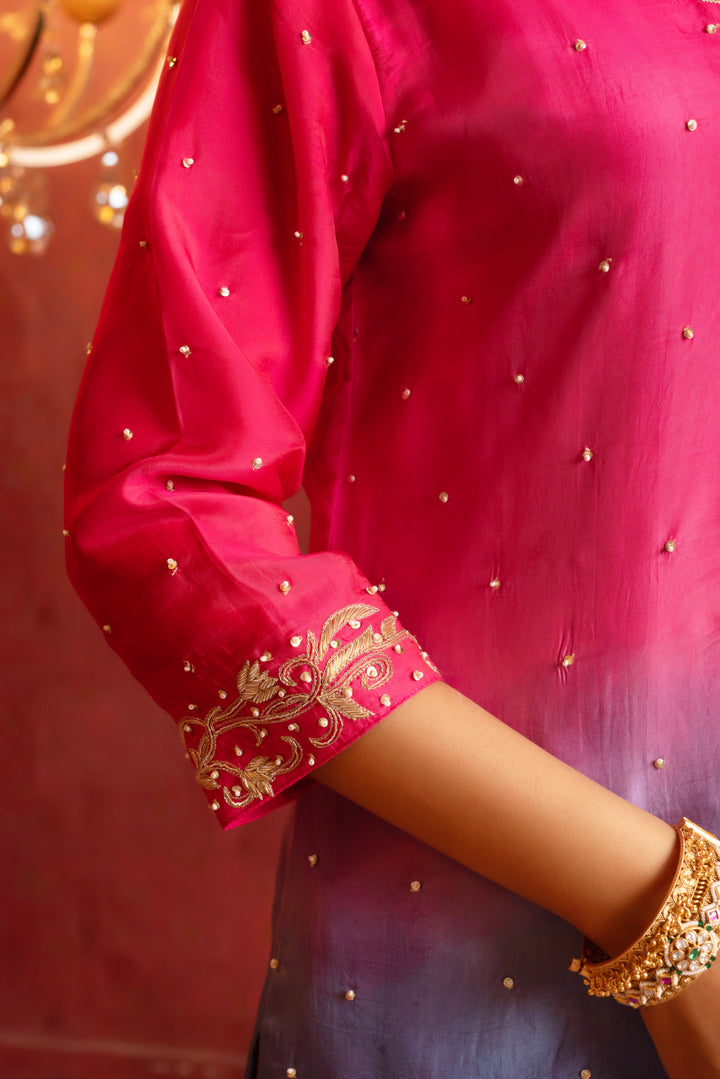 GULFIZAN SILK TWO TONE ZARDOZI AND AARI TARI HAND WORK  STRAIGHT SUIT SET WITH SILK DUPATTA