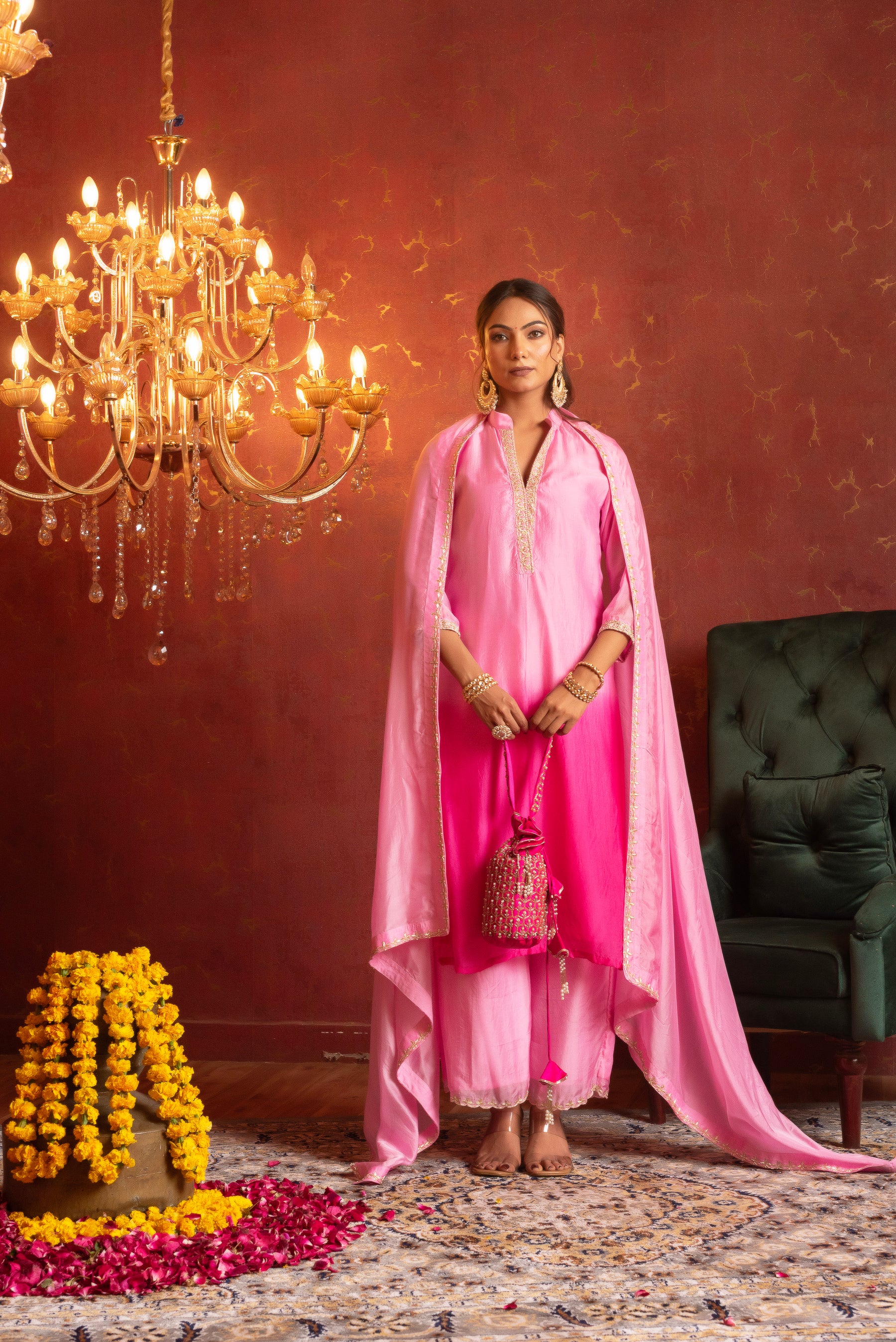 GULFIZAN SILK TWO TONE ZARDOZI HAND WORK PINK STRAIGHT SUIT SET WITH SILK DUPATTA