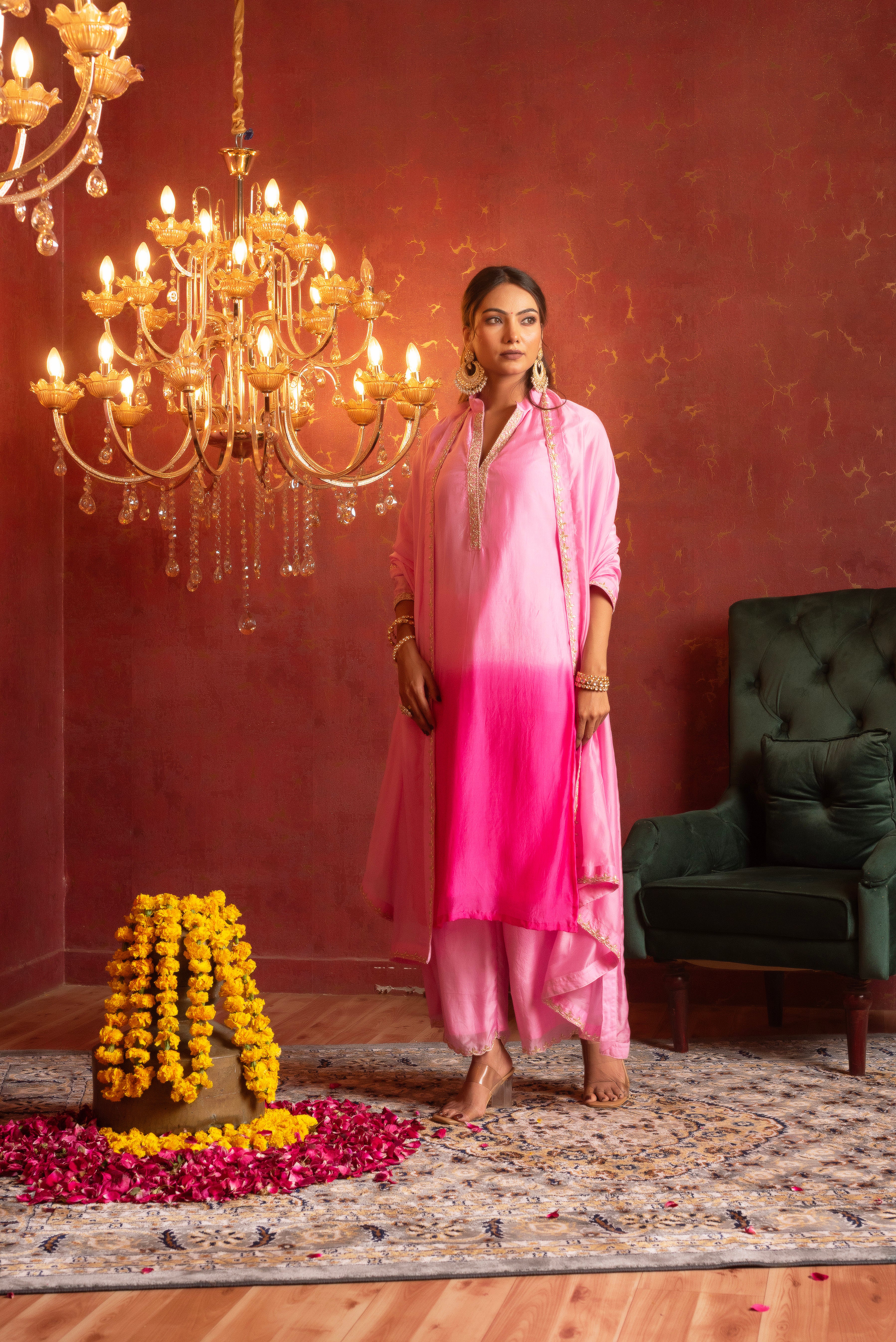 GULFIZAN SILK TWO TONE ZARDOZI HAND WORK PINK STRAIGHT SUIT SET WITH SILK DUPATTA