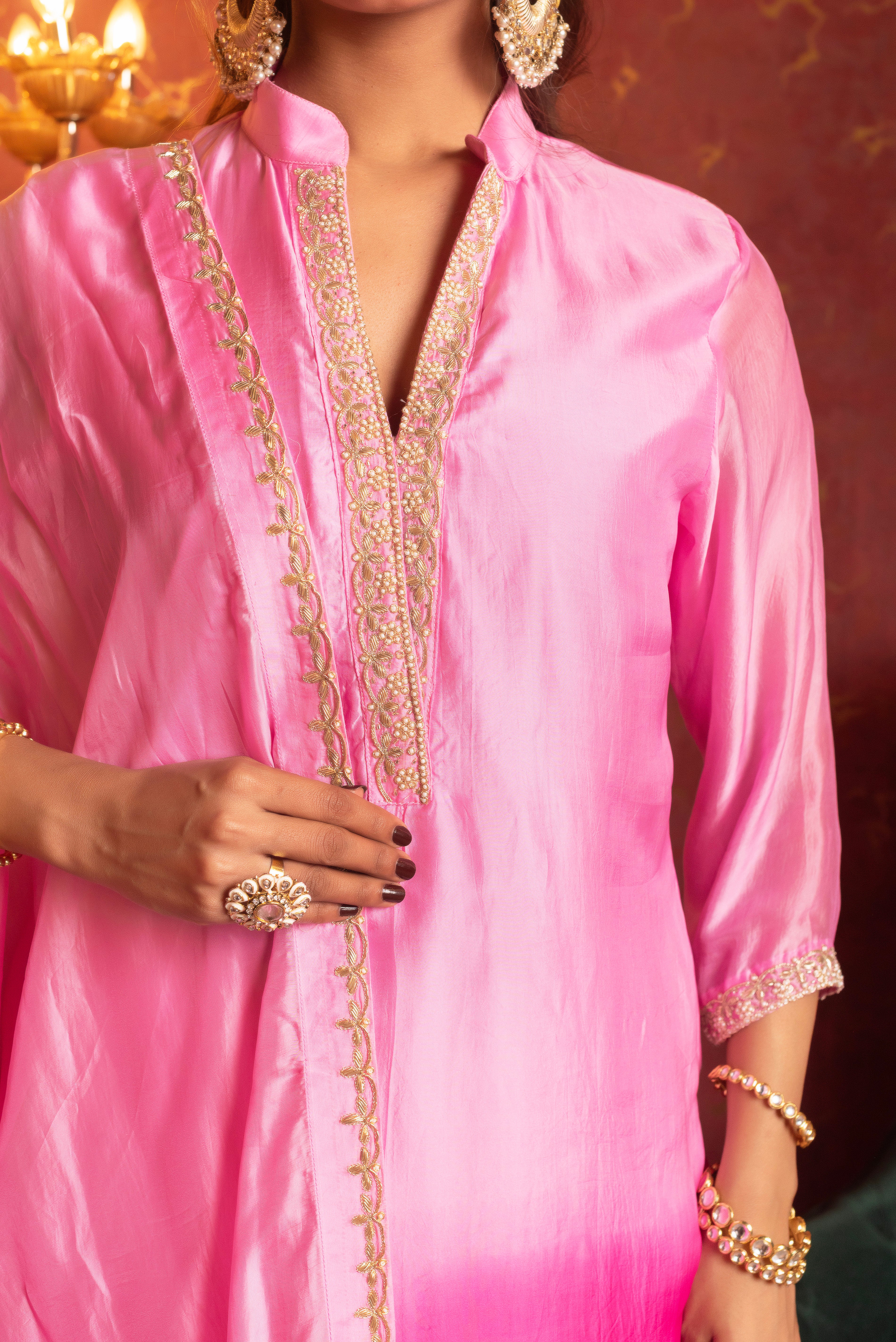 GULFIZAN SILK TWO TONE ZARDOZI HAND WORK PINK STRAIGHT SUIT SET WITH SILK DUPATTA