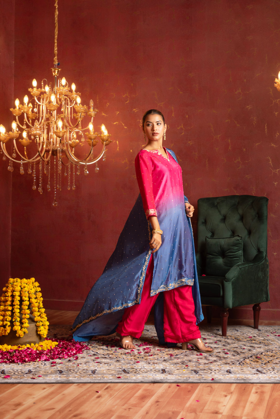 GULFIZAN SILK TWO TONE ZARDOZI AND AARI TARI HAND WORK  STRAIGHT SUIT SET WITH SILK DUPATTA