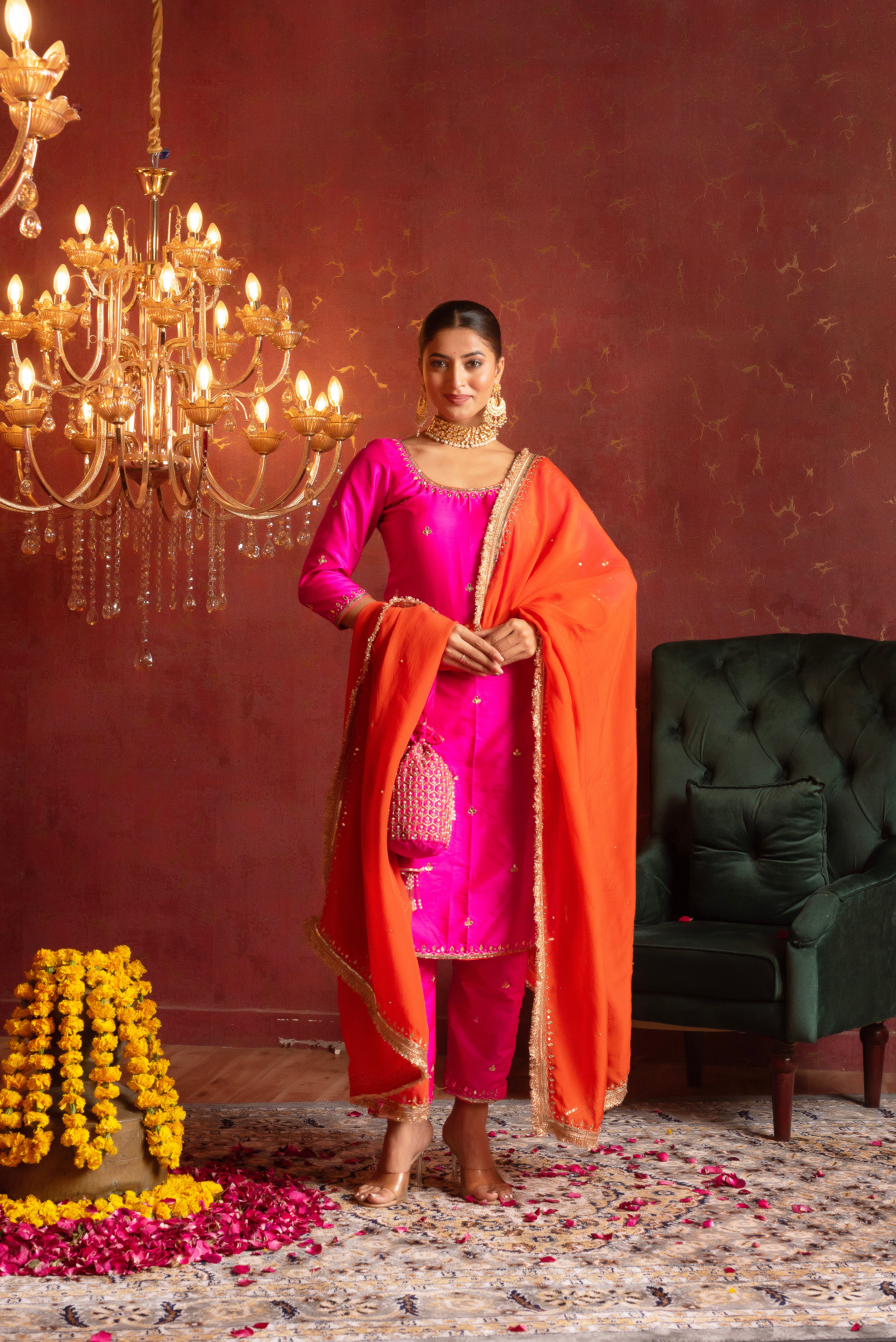 GULFIZAN HOT PINK TAFFETA HANDWORK STRAIGHT SUIT WITH ORANGE  ORGANZA DUPATTA