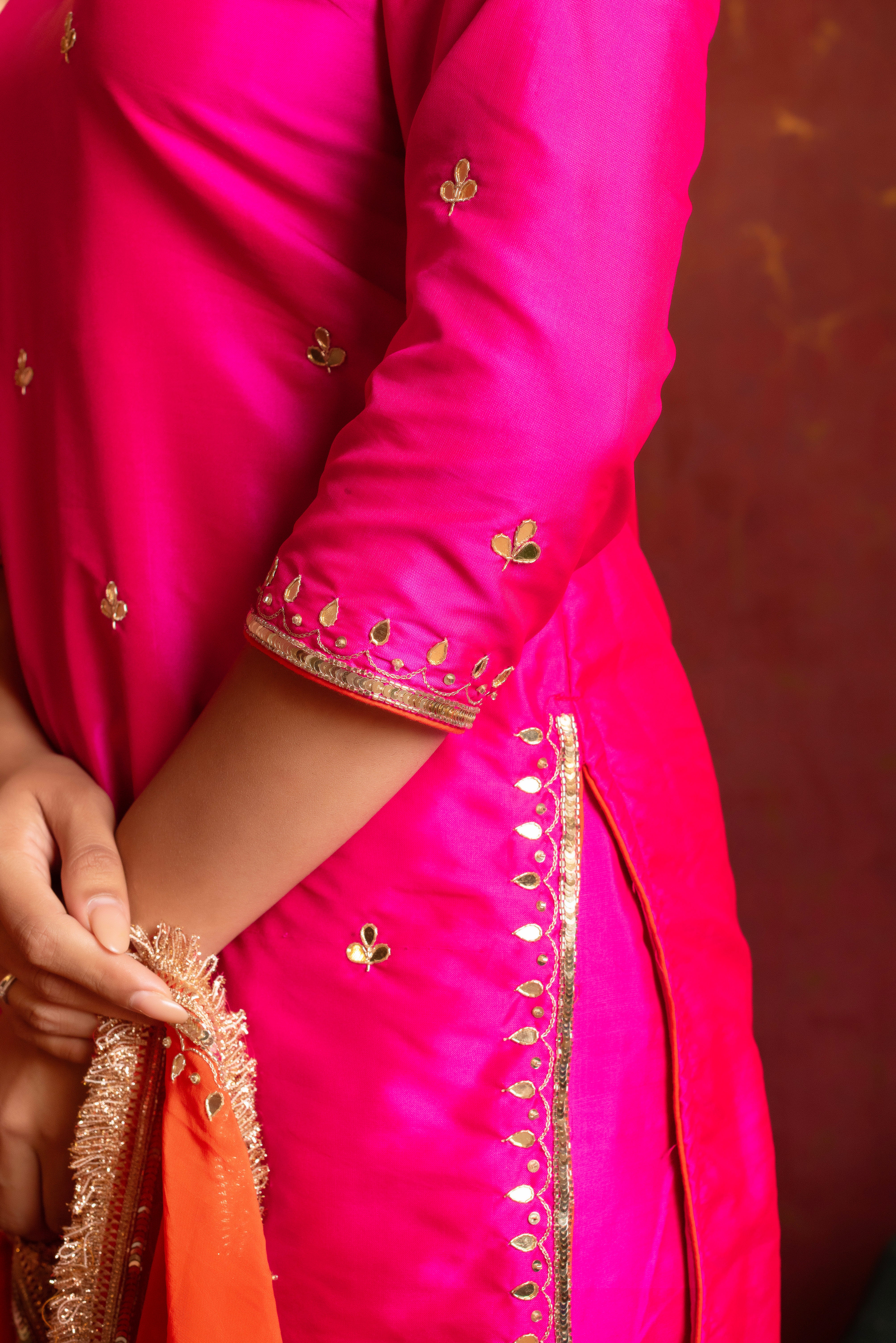 GULFIZAN HOT PINK TAFFETA HANDWORK STRAIGHT SUIT WITH ORANGE  ORGANZA DUPATTA