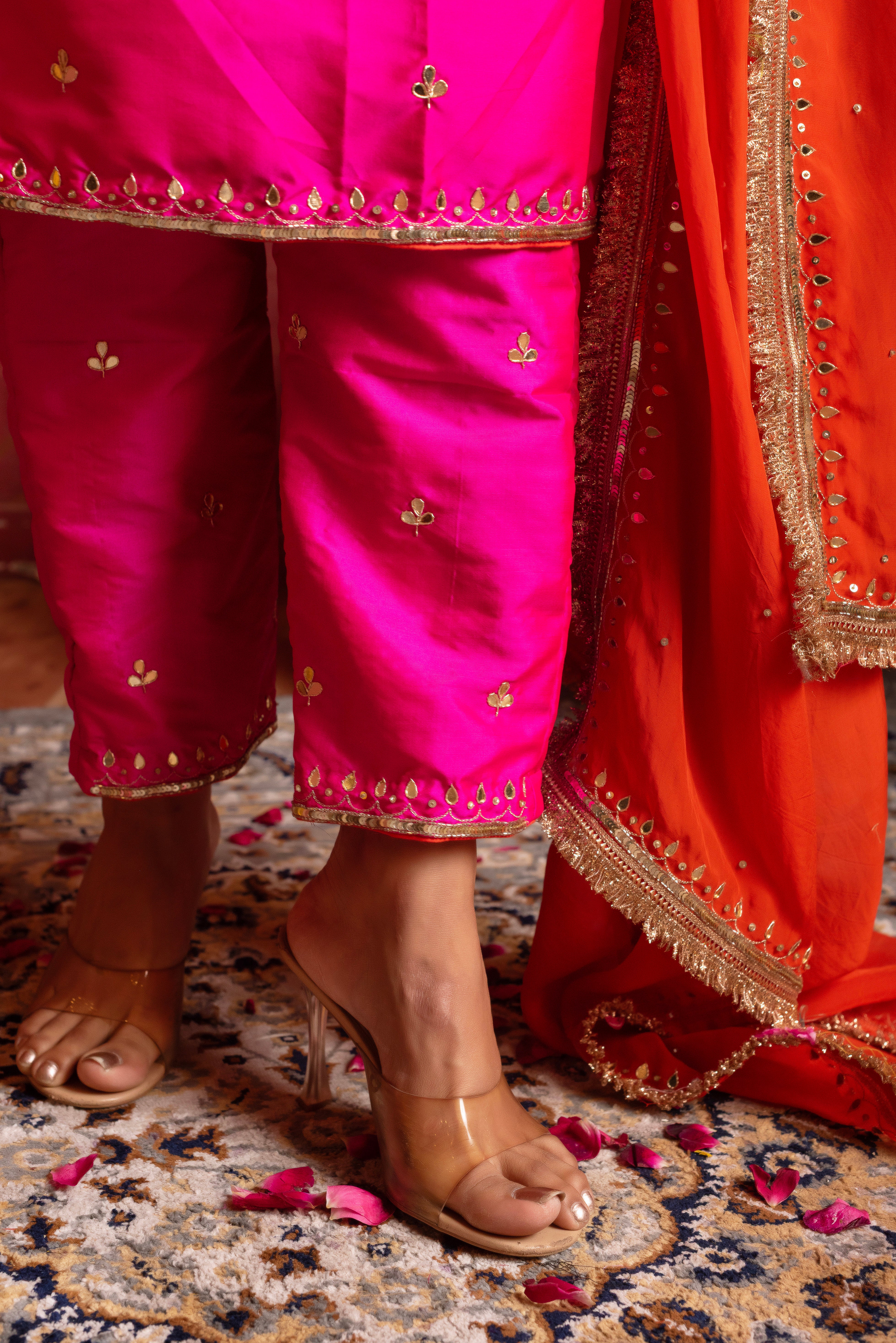 GULFIZAN HOT PINK TAFFETA HANDWORK STRAIGHT SUIT WITH ORANGE  ORGANZA DUPATTA