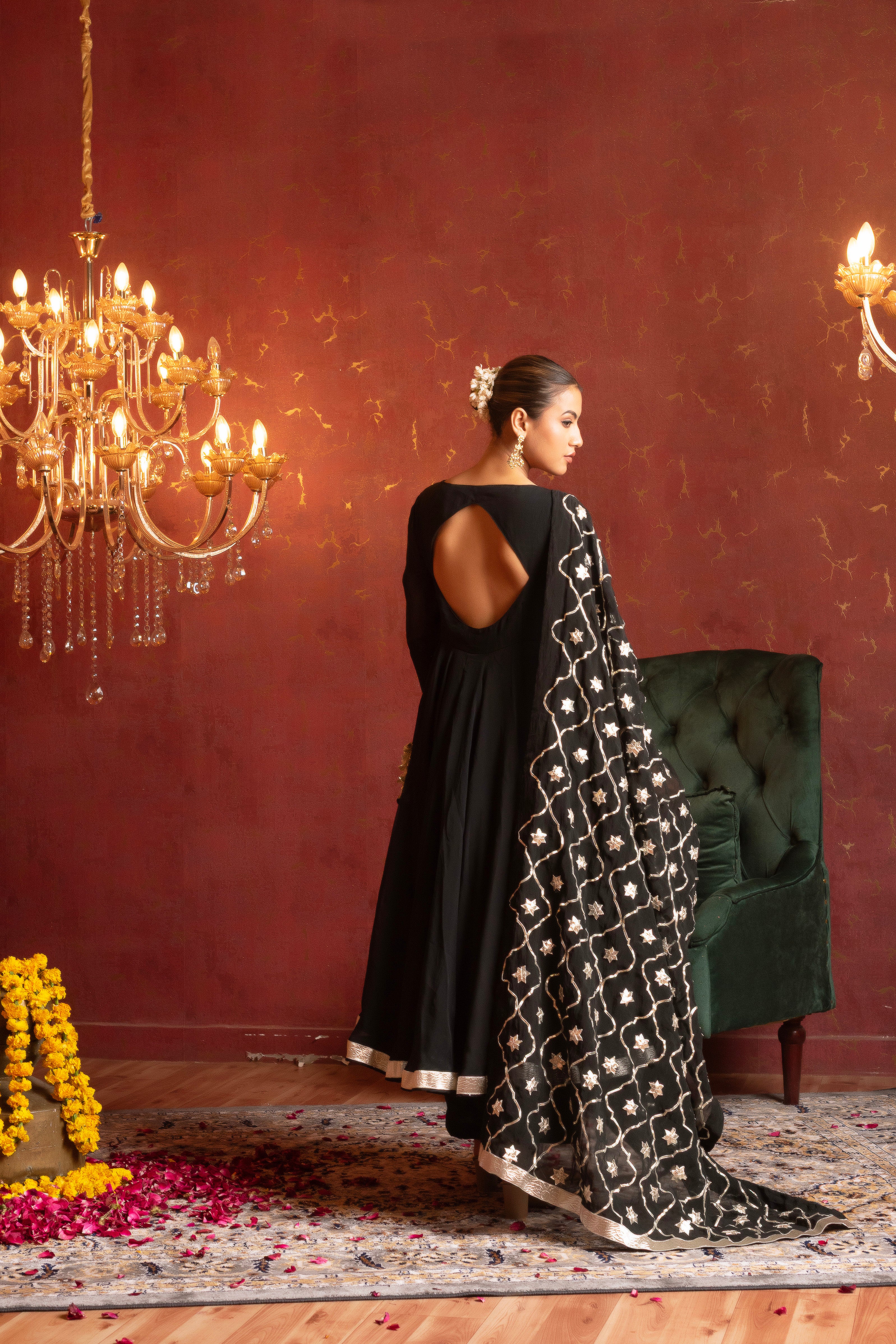 GULFIZAN SHAHI BLACK ORGANZA ANGRAKHA SET WITH GOTA PATTI ORGANZA DUPATTA