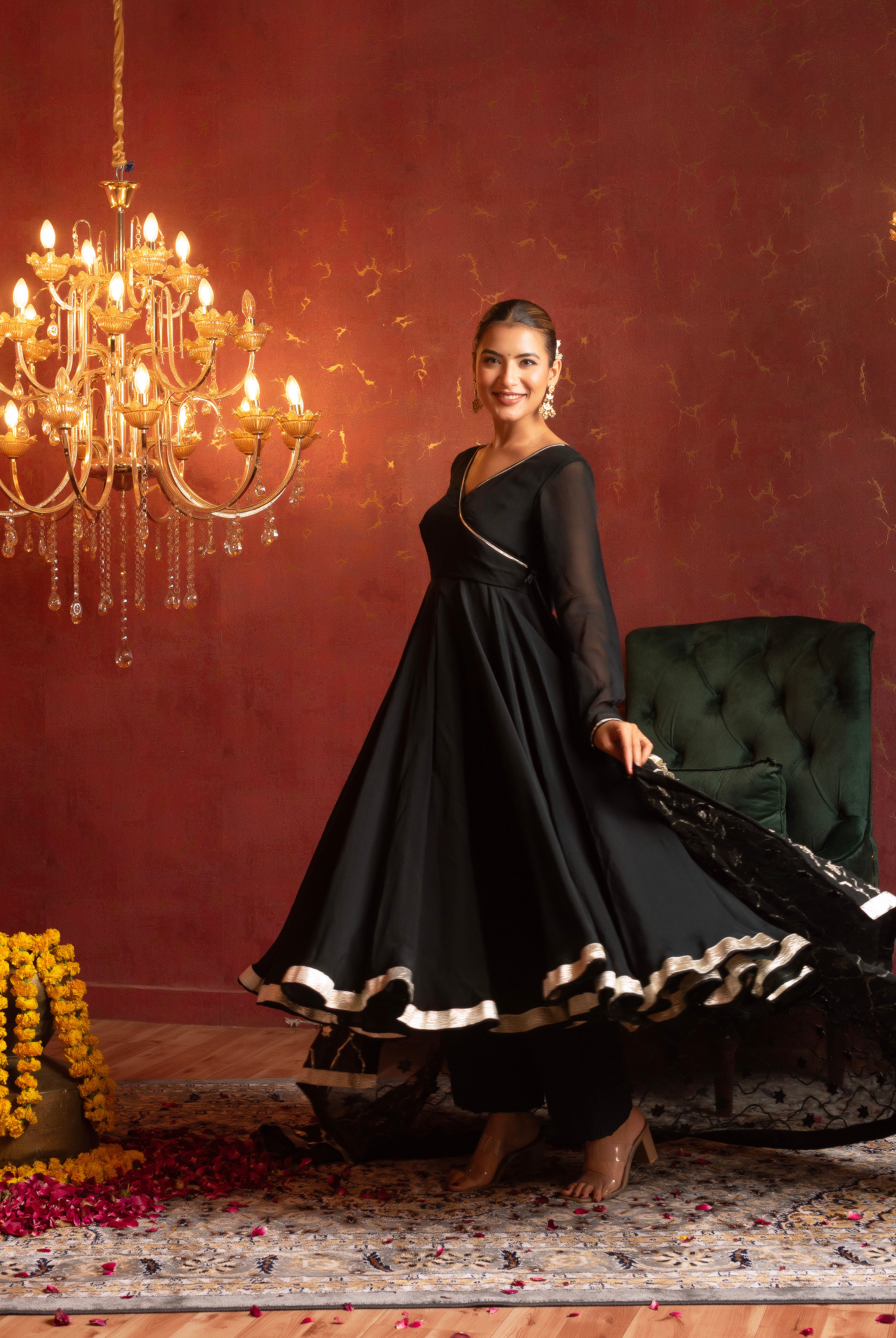 GULFIZAN SHAHI BLACK ORGANZA ANGRAKHA SET WITH GOTA PATTI ORGANZA DUPATTA
