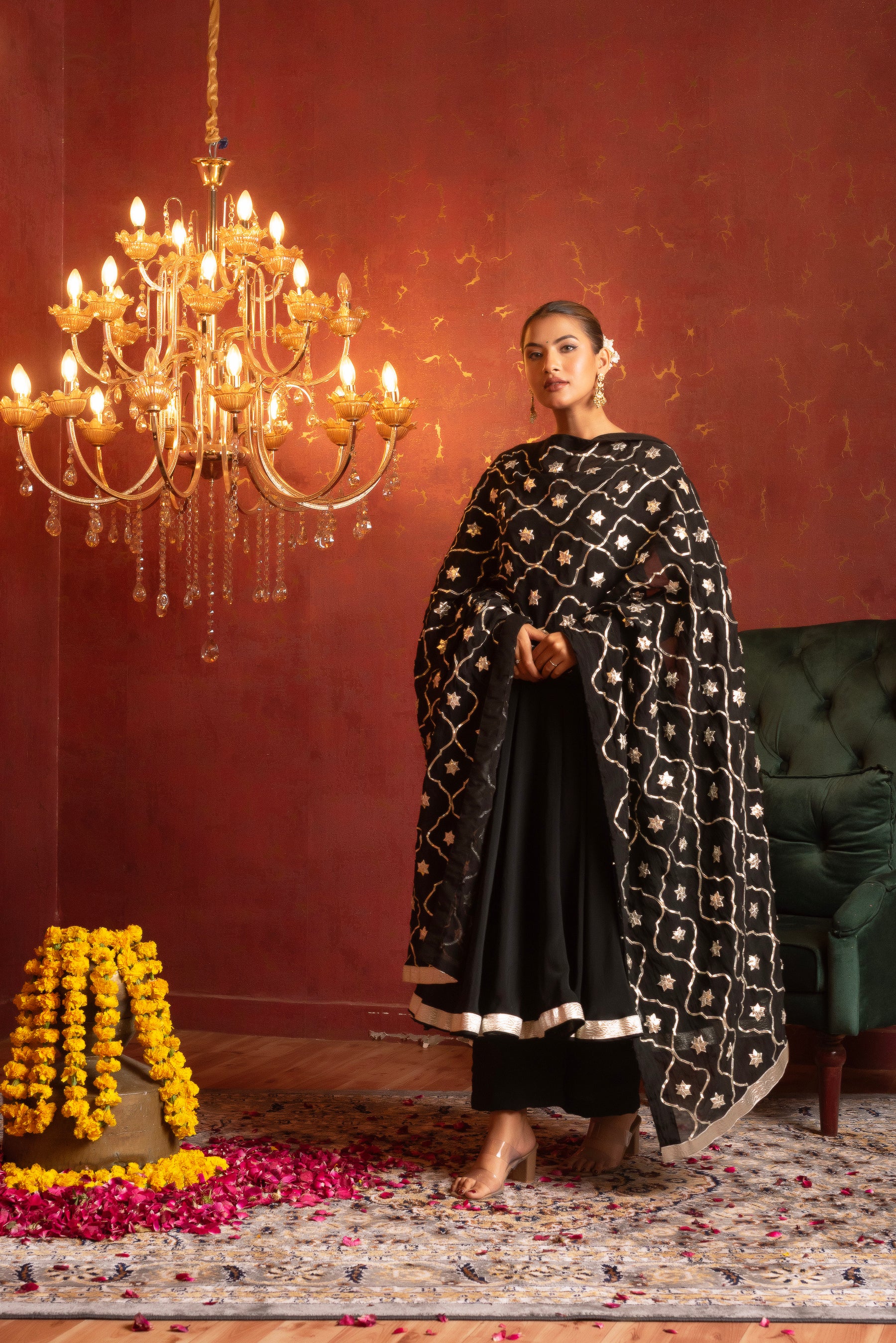 GULFIZAN SHAHI BLACK ORGANZA ANGRAKHA SET WITH GOTA PATTI ORGANZA DUPATTA
