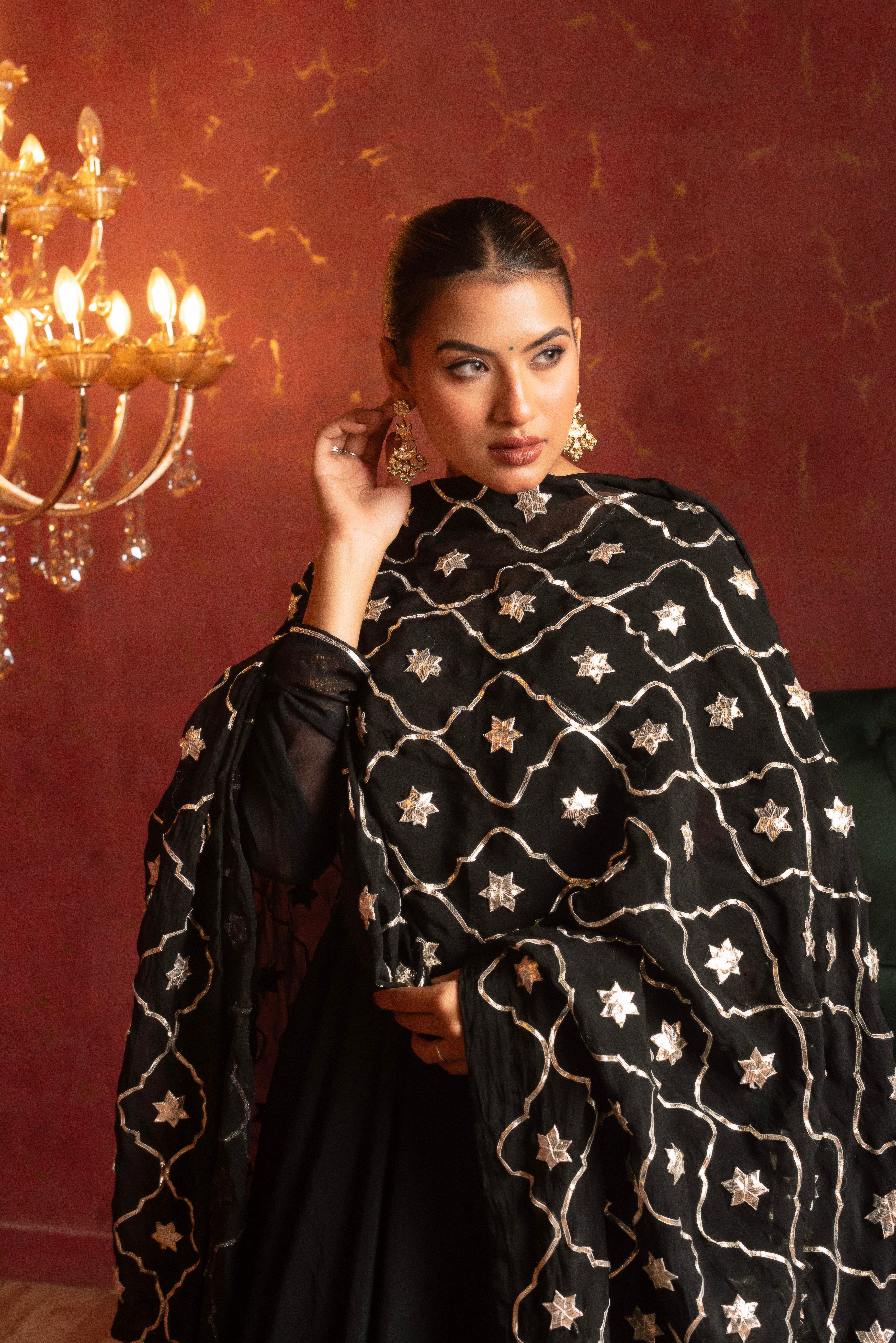 GULFIZAN SHAHI BLACK ORGANZA ANGRAKHA SET WITH GOTA PATTI ORGANZA DUPATTA
