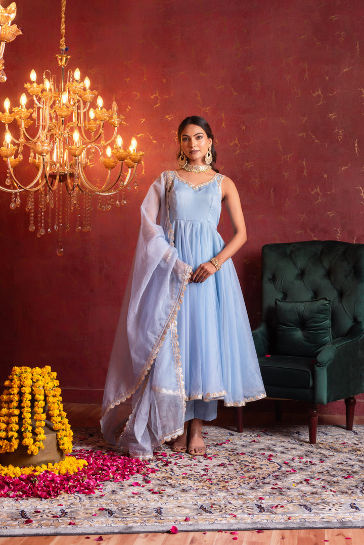 GULFIZAN POWDER BLUE ORGANZA GOTA LACE ANARKALI SUIT SET WITH ORGANZA DUPATTA