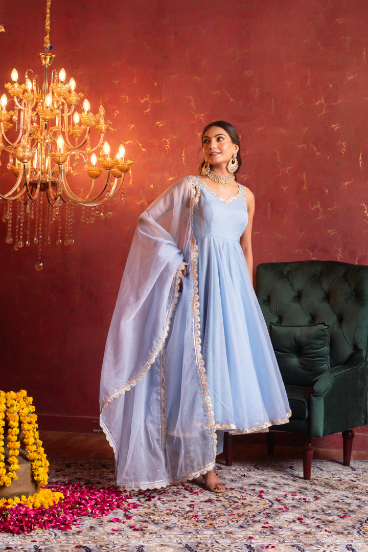 GULFIZAN POWDER BLUE ORGANZA GOTA LACE ANARKALI SUIT SET WITH ORGANZA DUPATTA