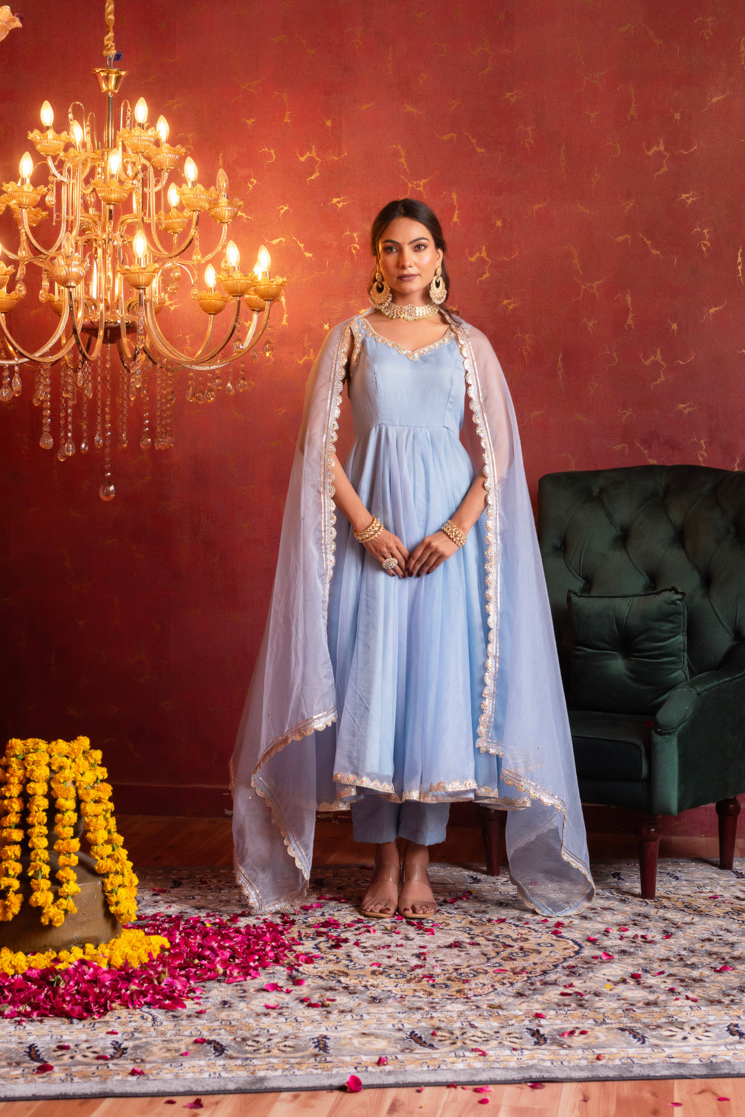 GULFIZAN POWDER BLUE ORGANZA GOTA LACE ANARKALI SUIT SET WITH ORGANZA DUPATTA