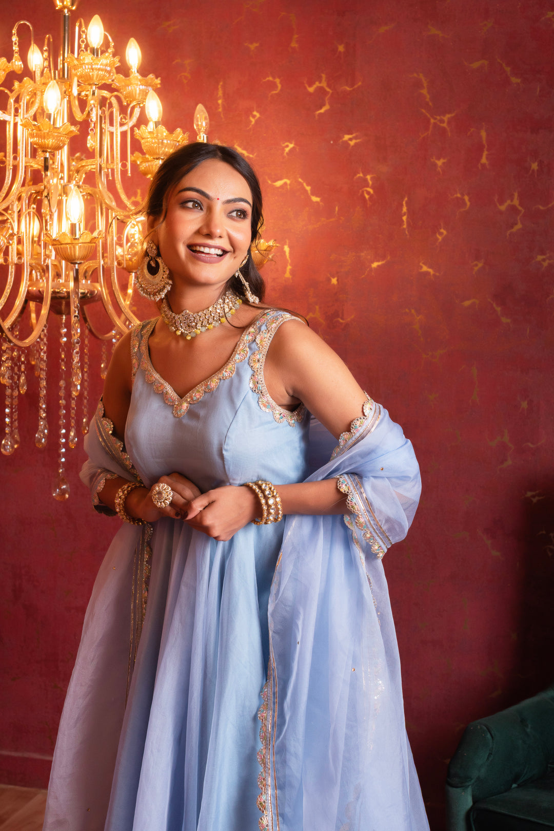 GULFIZAN POWDER BLUE ORGANZA GOTA LACE ANARKALI SUIT SET WITH ORGANZA DUPATTA