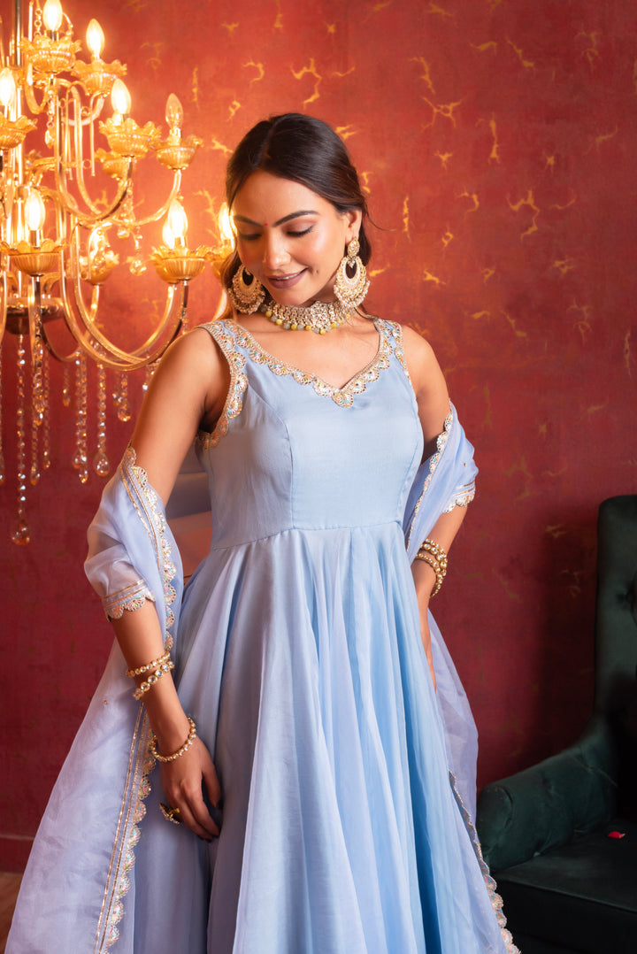 GULFIZAN POWDER BLUE ORGANZA GOTA LACE ANARKALI SUIT SET WITH ORGANZA DUPATTA