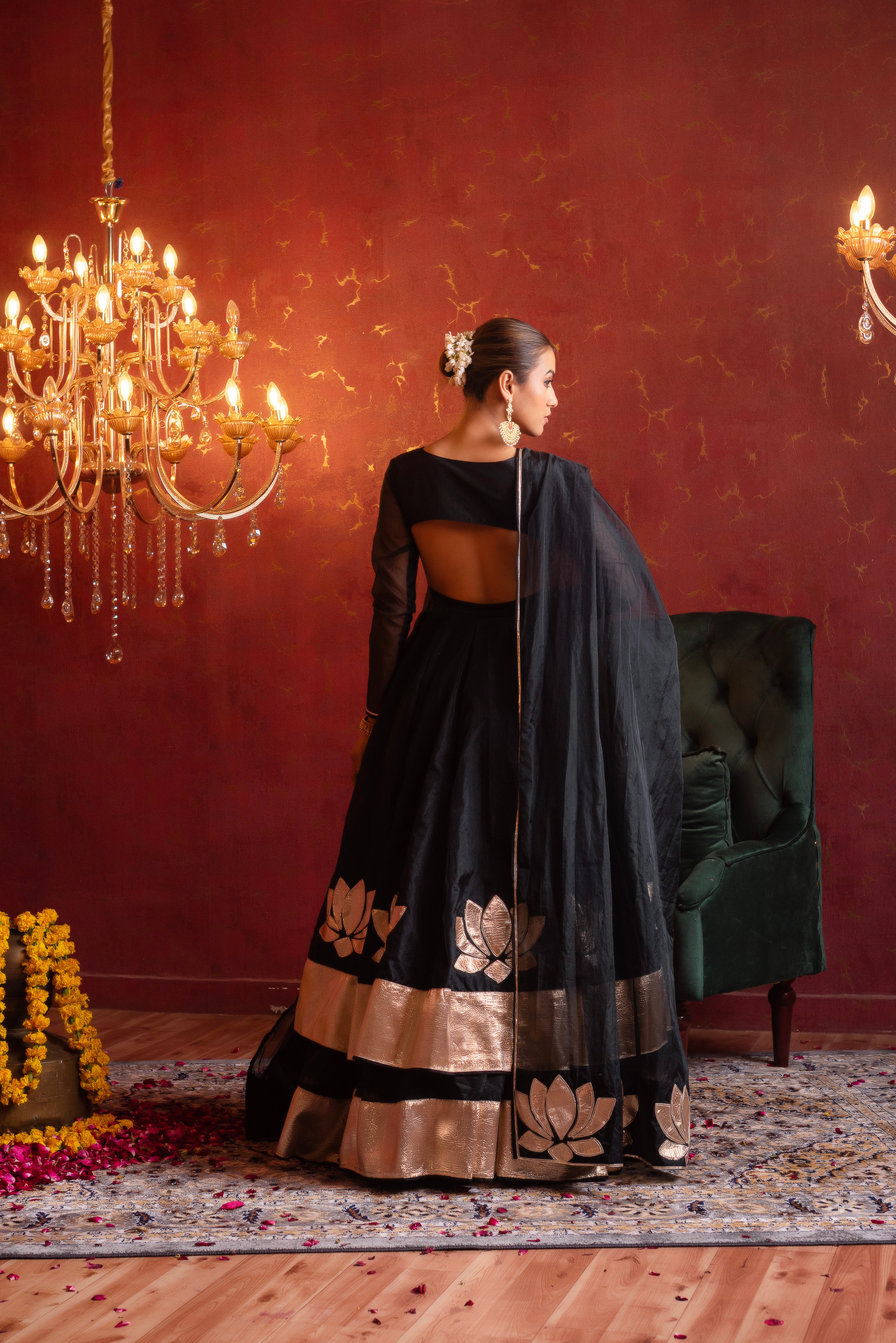 GULFIZAN BLACK GOLD MASTANI ORGANZA KALIDAR ANARKALI SUIT SET  WITH ORGANZA DUPATTA