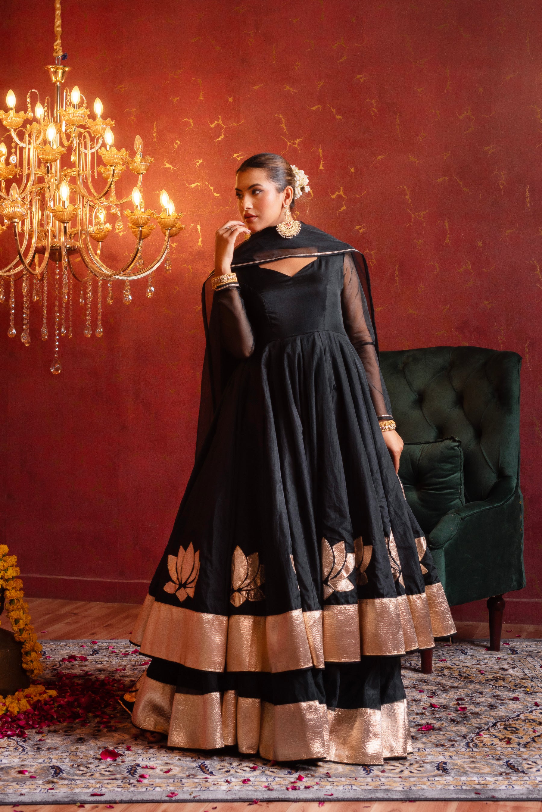 GULFIZAN BLACK GOLD MASTANI ORGANZA KALIDAR ANARKALI SUIT SET  WITH ORGANZA DUPATTA
