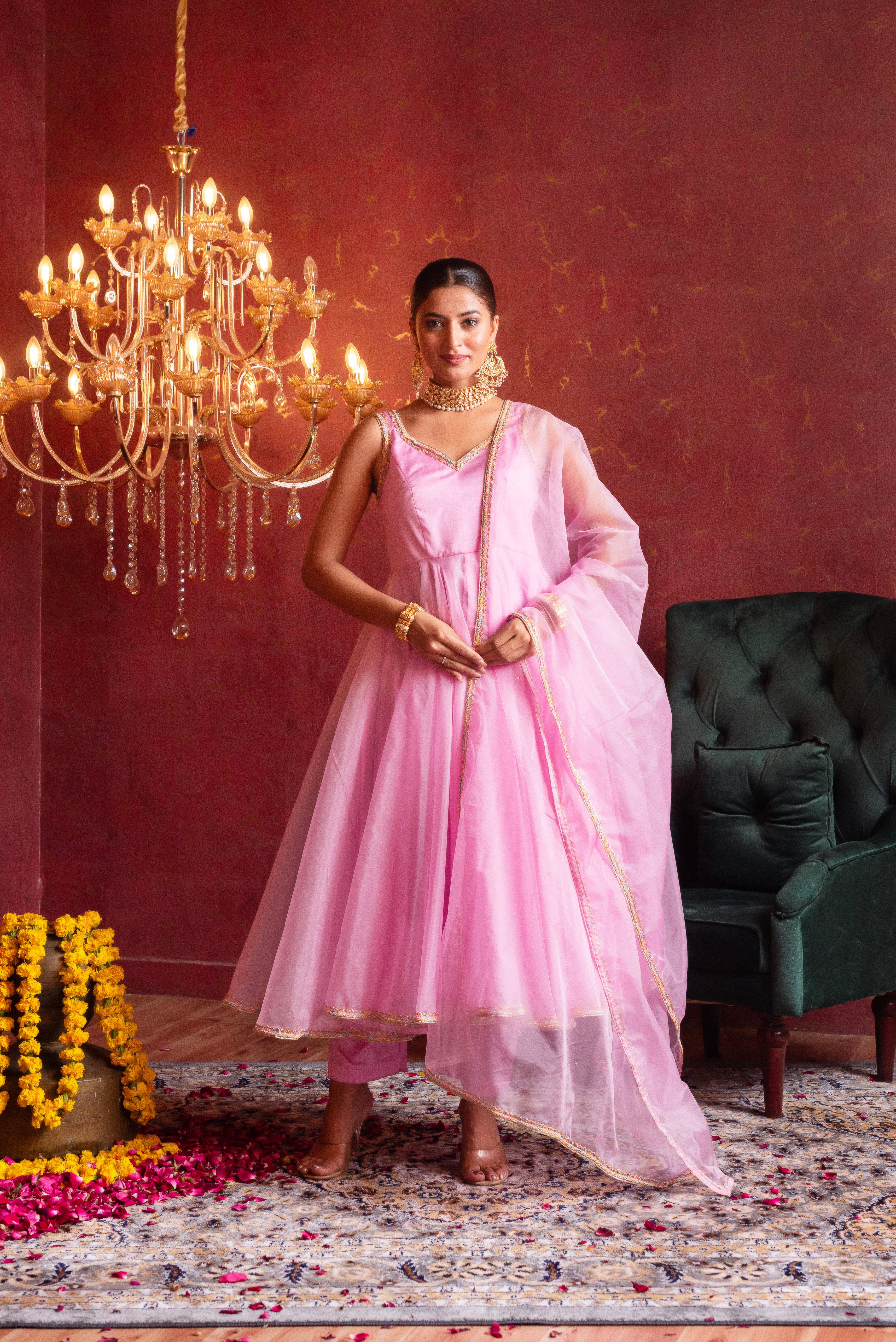 GULFIZAN  BLUSH PINK ORGANZA ANARKALI SUIT SET WITH ORGANZA DUPATTA