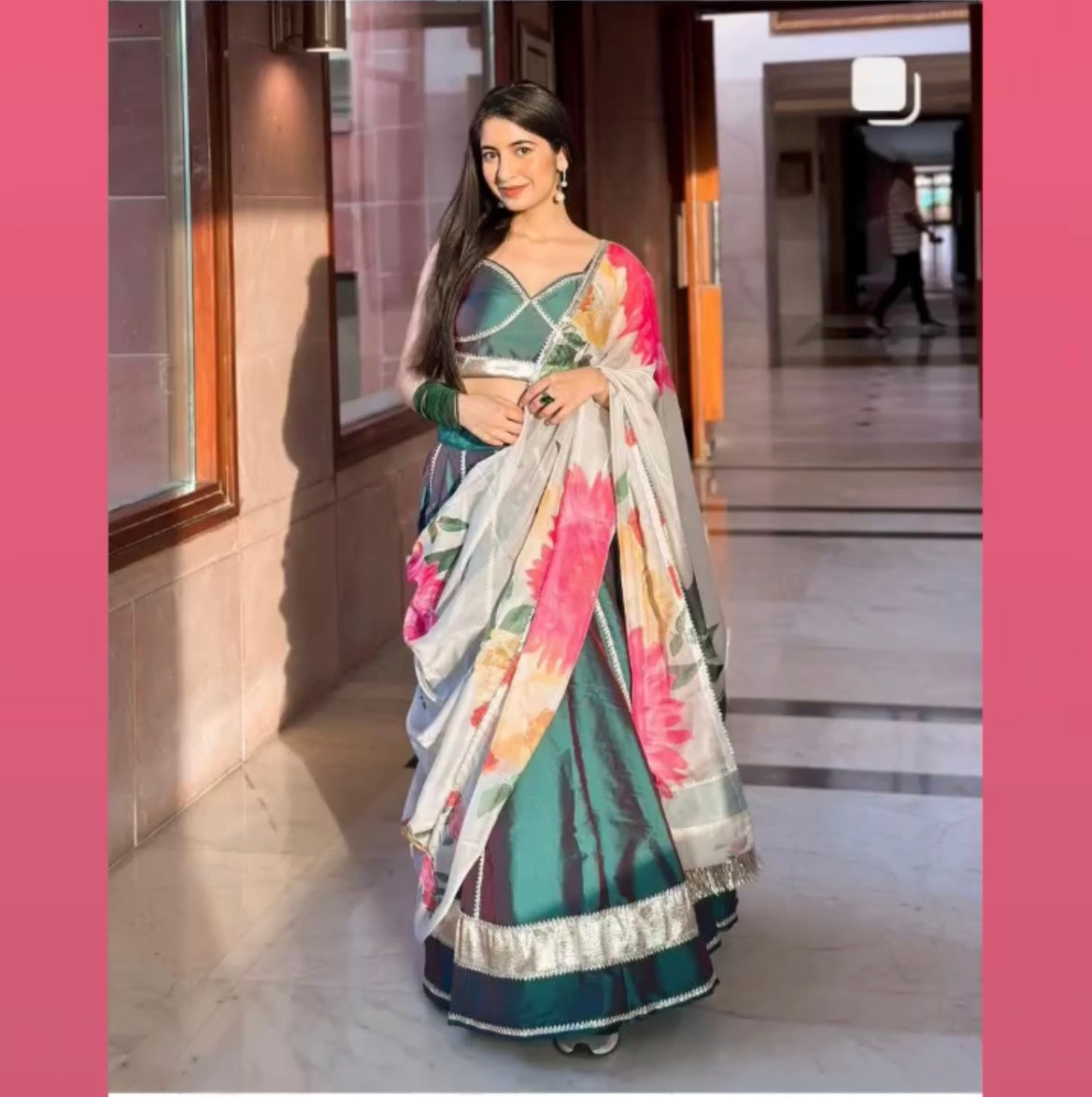 Green Taffeta Silk lappa work Lehenga with digital print organza dupatta set