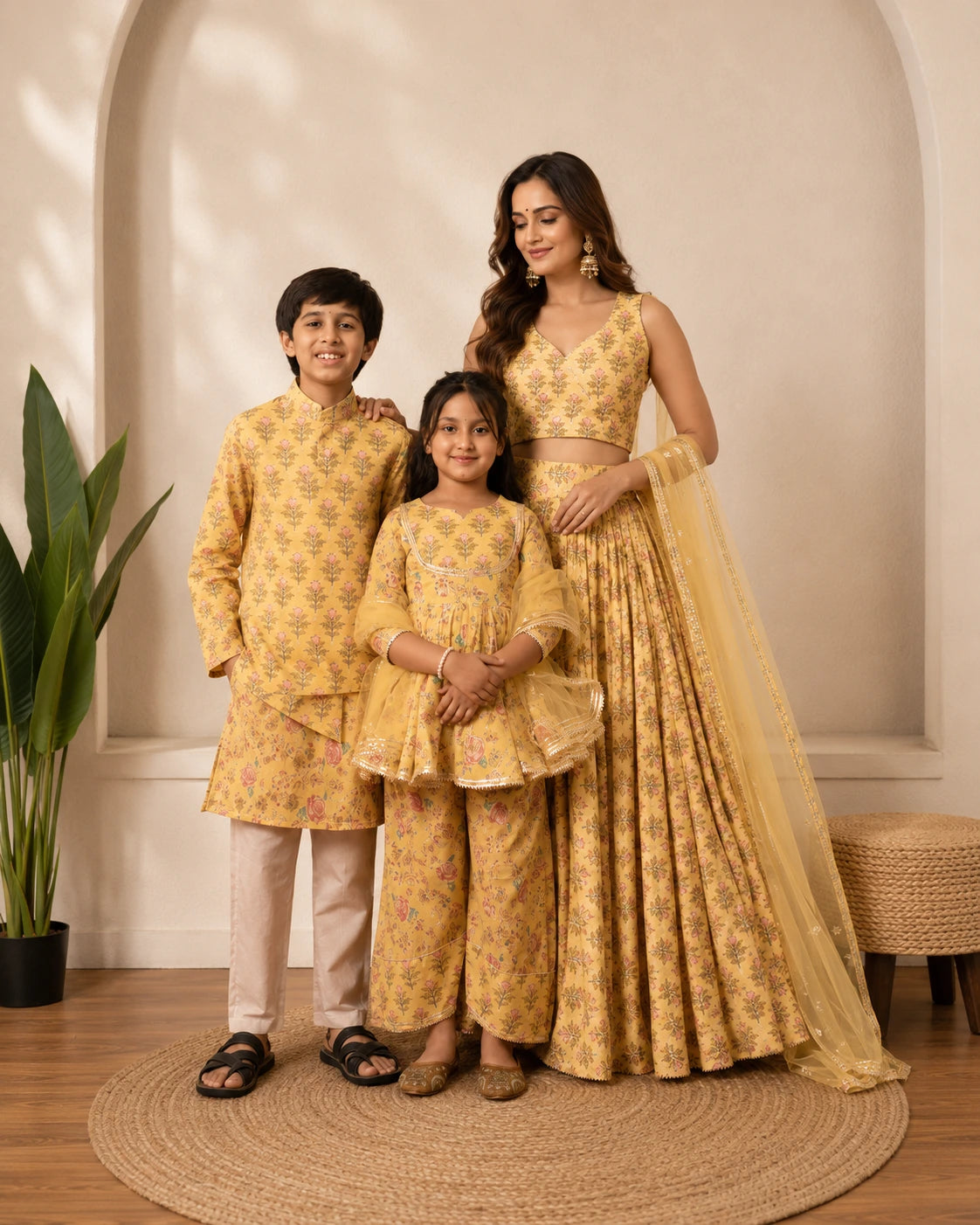 YELLOW COTTON  HAND BLOCK PRINT FAMILY OUTFIT COMBO SETS