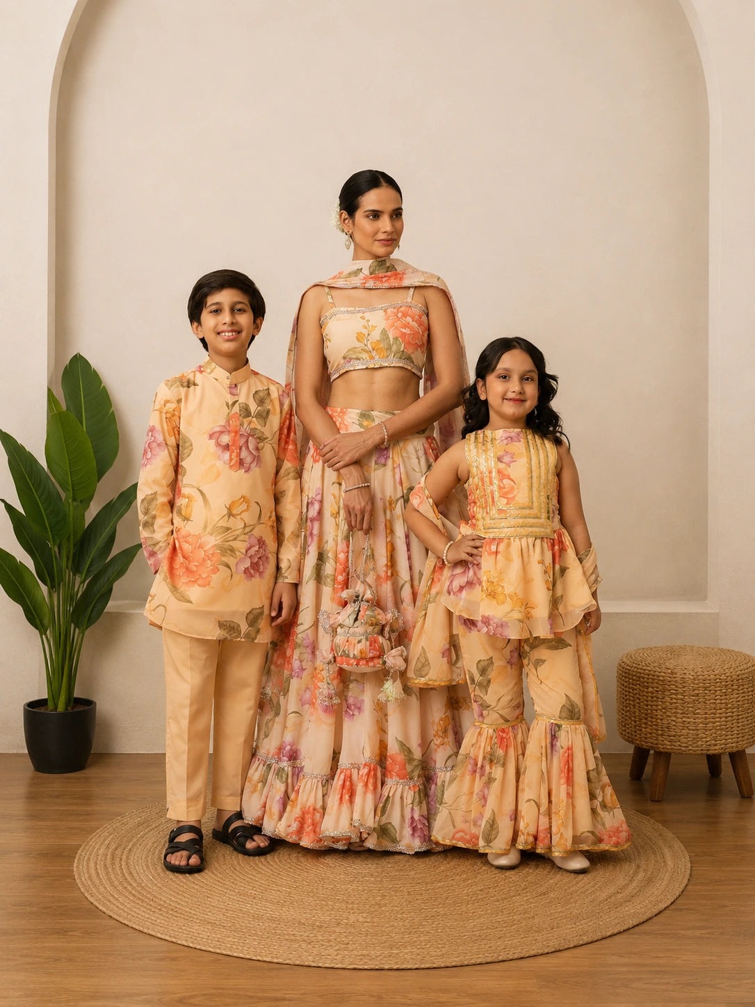 PEACH FLORAL MUSLIN FAMILY OUTFIT COMBO