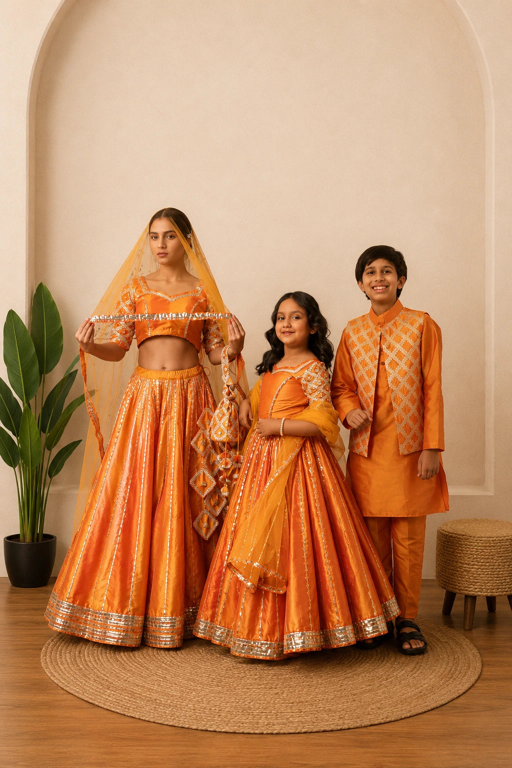 ORANGE TAFFETA GOTTA PAATI HAND WORK FAMILY OUTFIT COMBO
