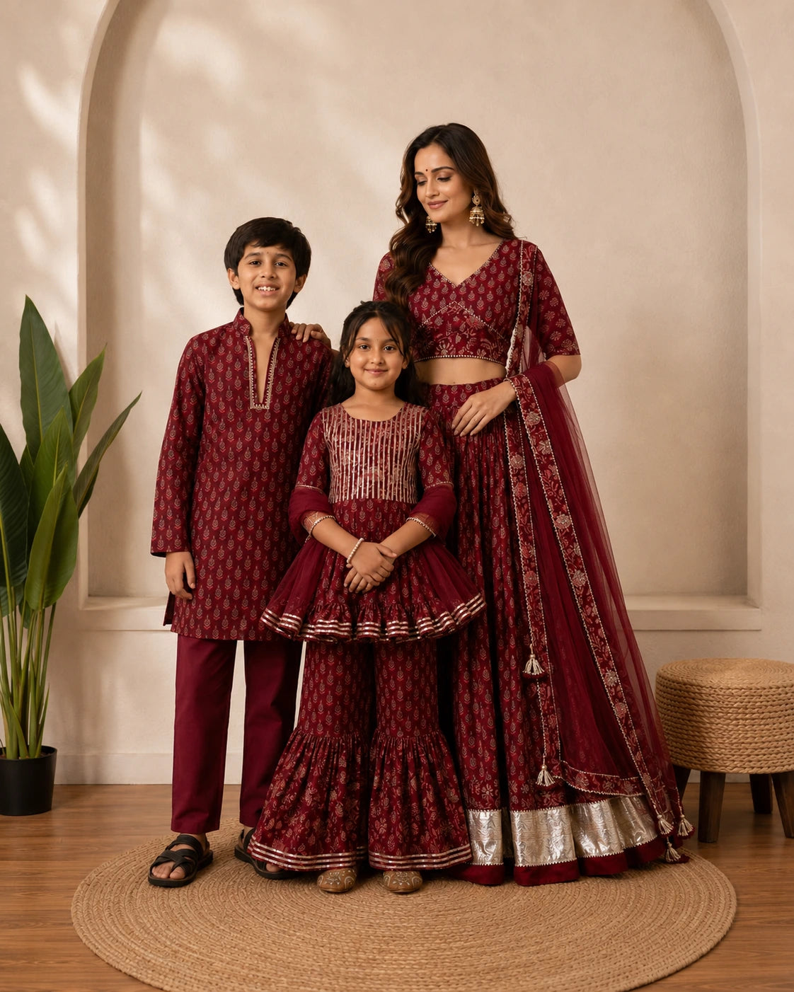 MEHROON BOOTI COTTON FAMILY OUTFIT COMBO