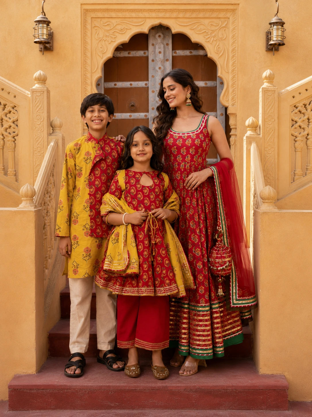 RED AND YELLOW COTTON GOTA PATTI FAMILY OUTFIT COMBO