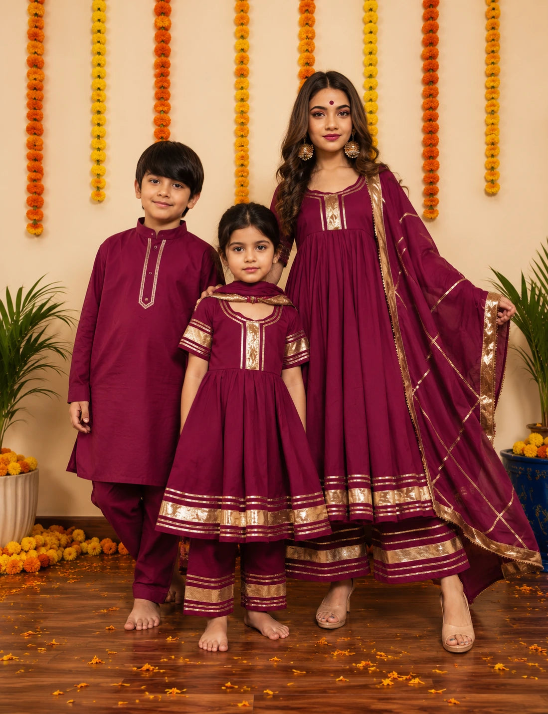BURGUNDY PURE COTTON FAMILY OUTFIT COMBO