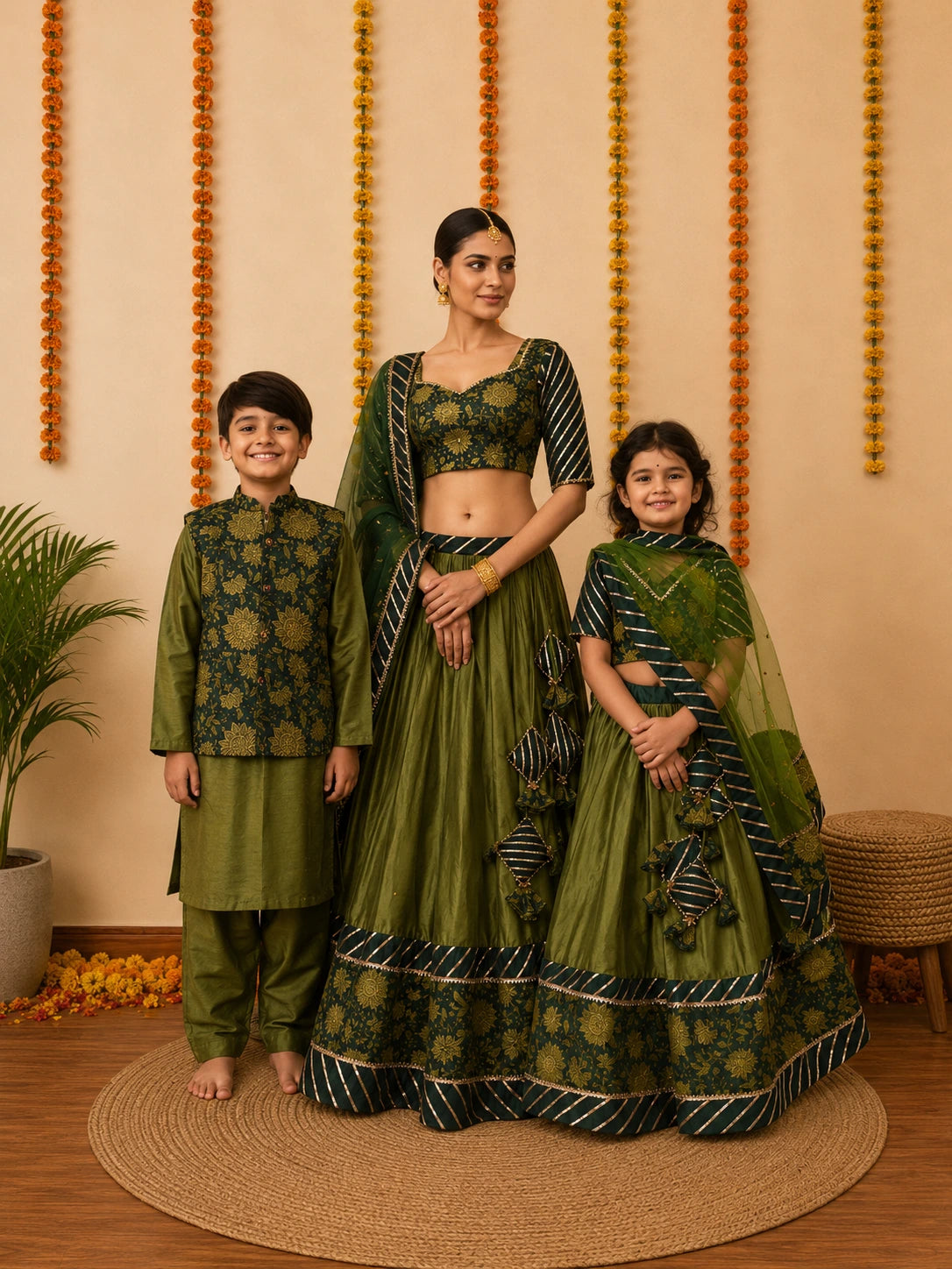IDIKA GREEN COTTON SILK FAMILY OUTFIT COMBO
