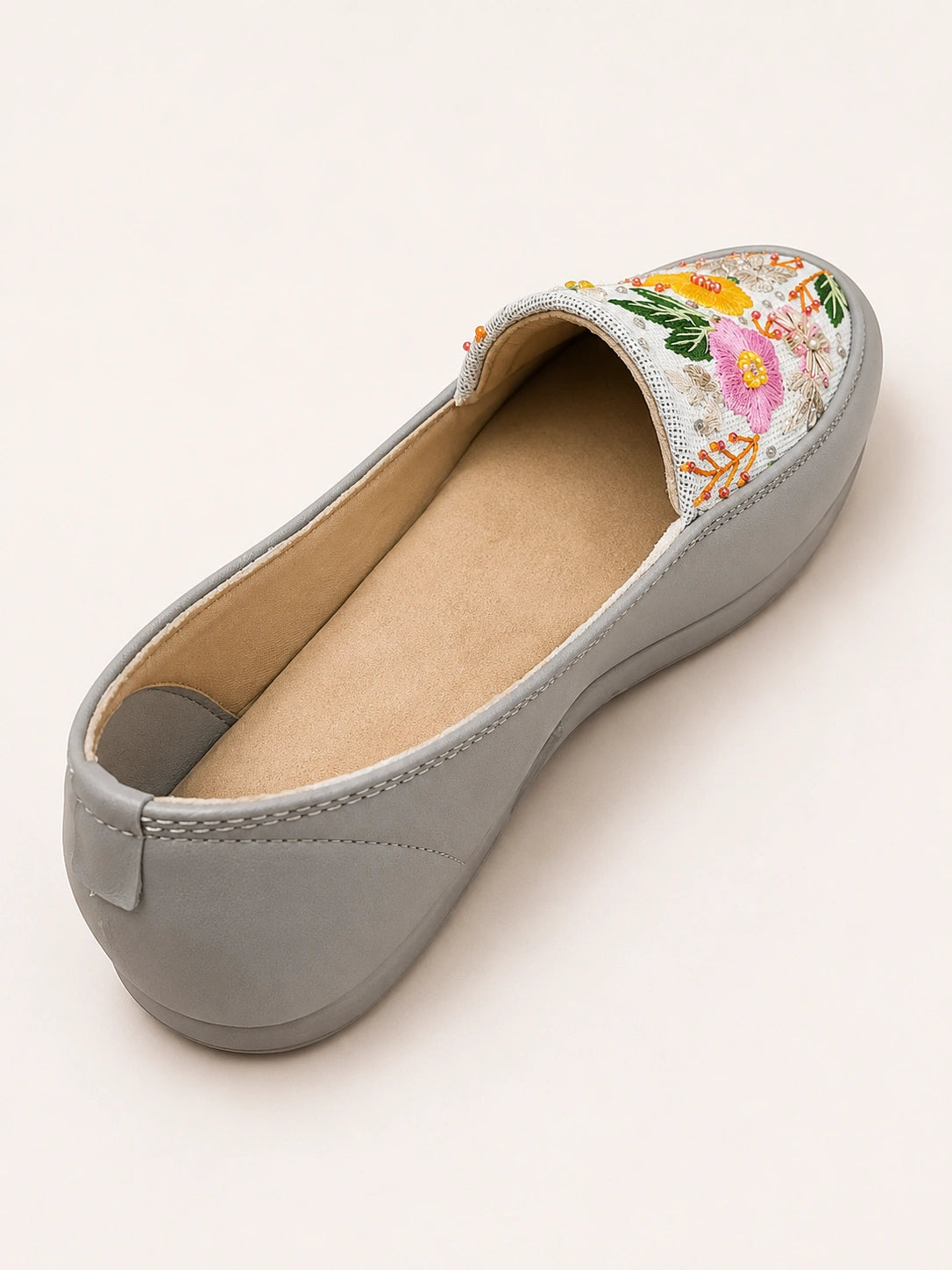 BEIGE MULTICOLOR FLORAL RESHAM & BEAD EMBROIDERED SHOES FOR WOMEN