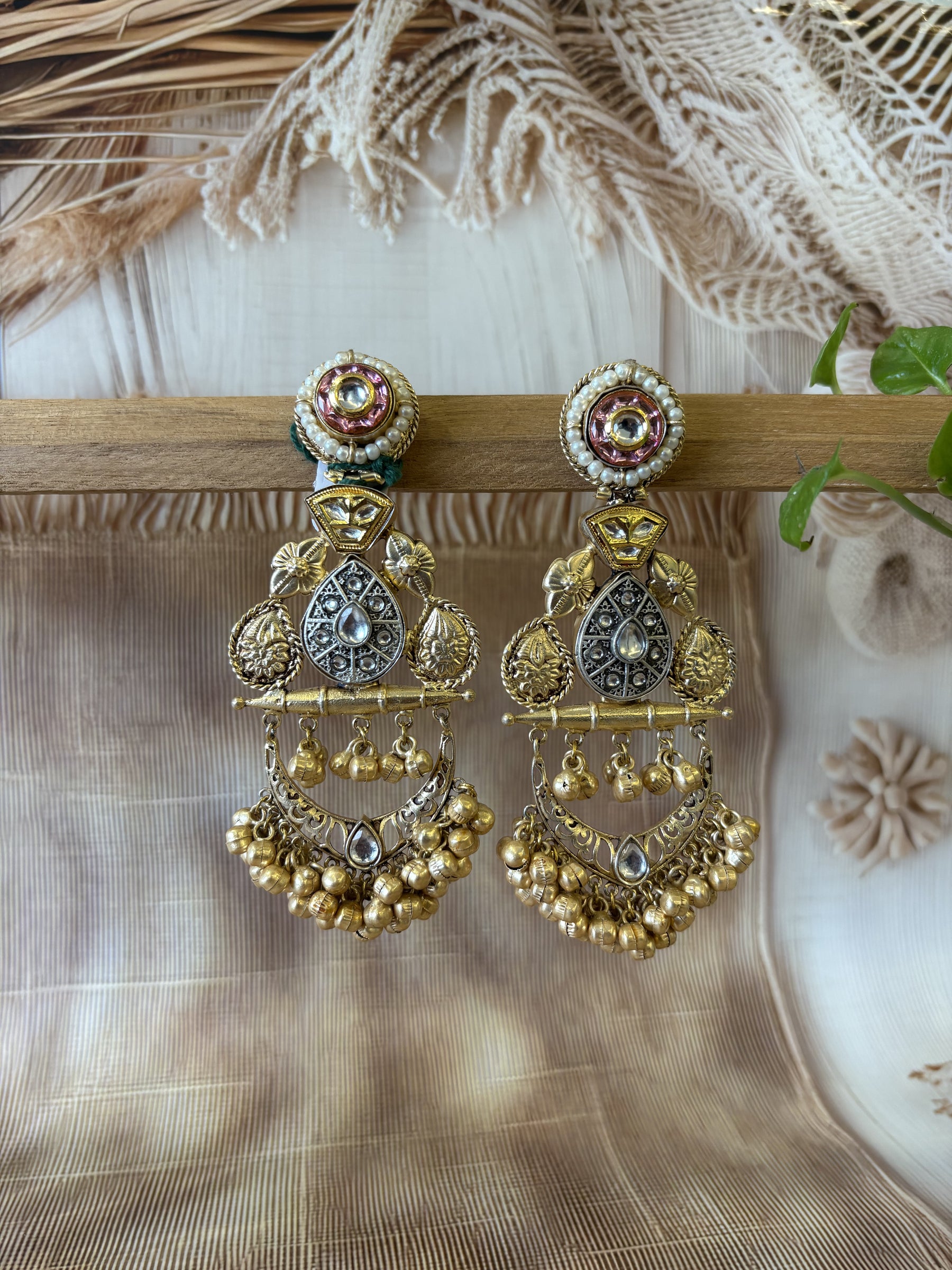 MINAKARI GOLD AND SILVER TONE KUNDAN EARRING SET