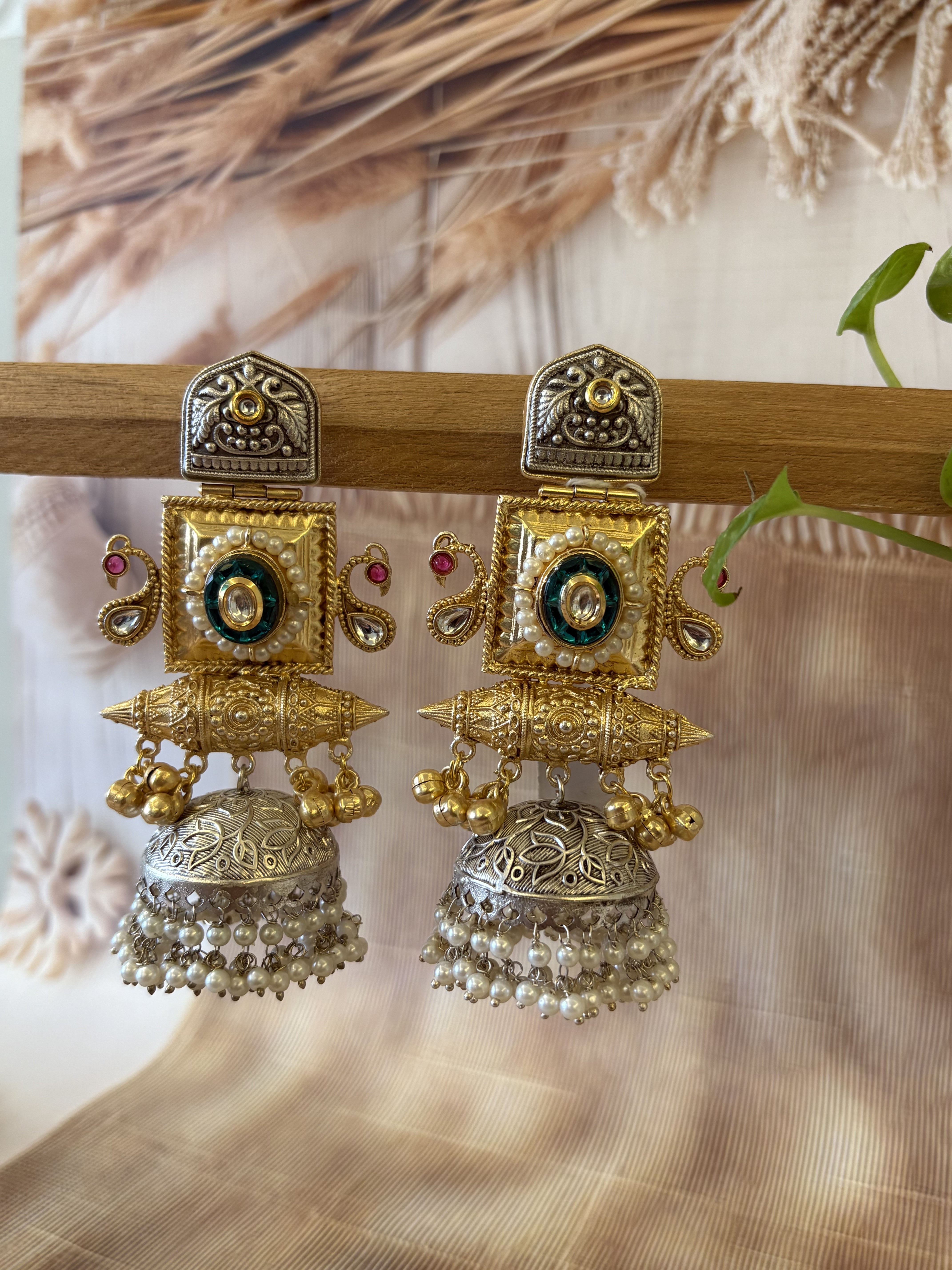 RAJRAANI GOLD AND SILVER TONE KUNDAN BEADED EARRING SET