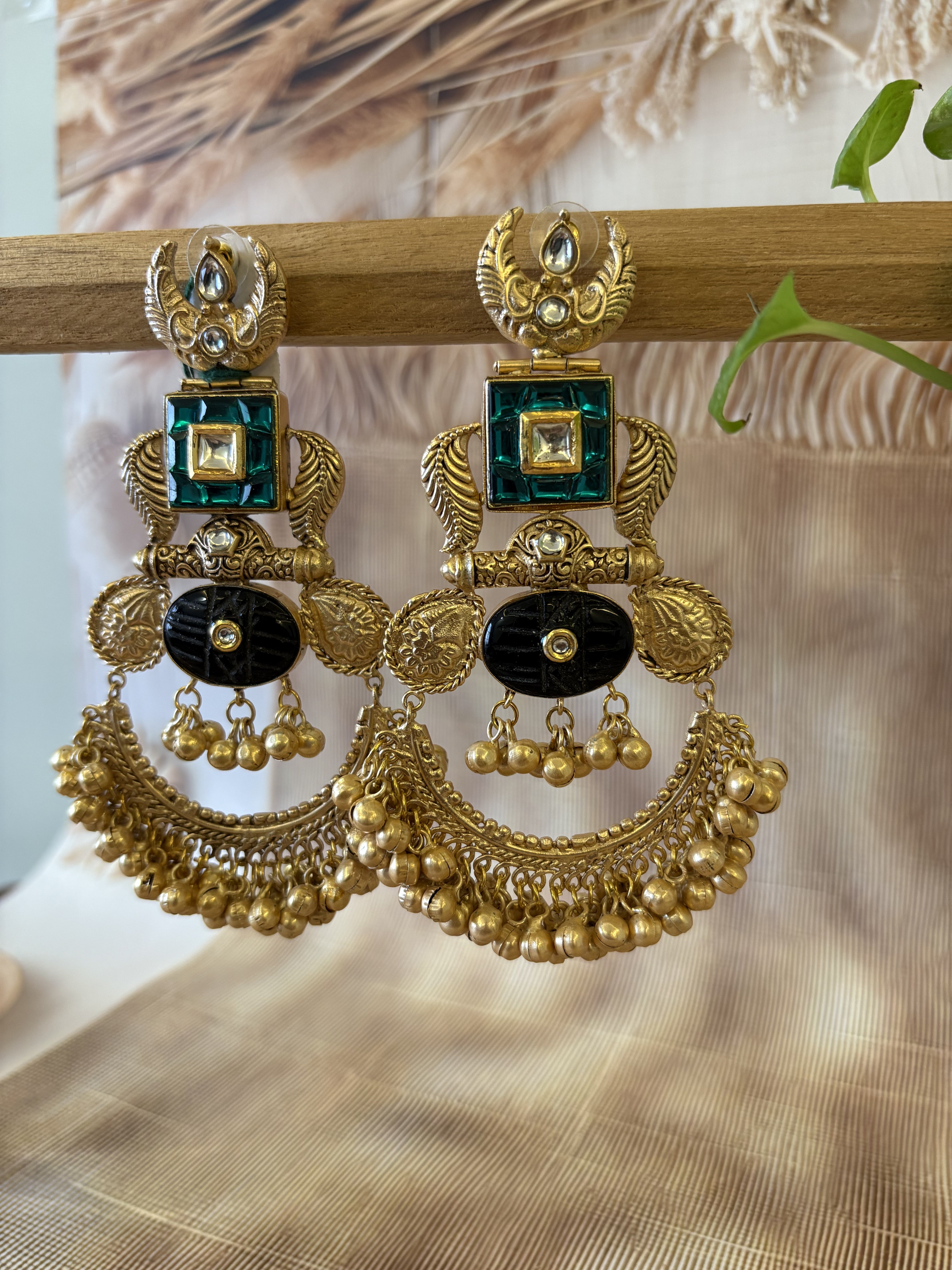 FIDA FOLD TONE GREEN STONE GHUNGROO EARRING SET