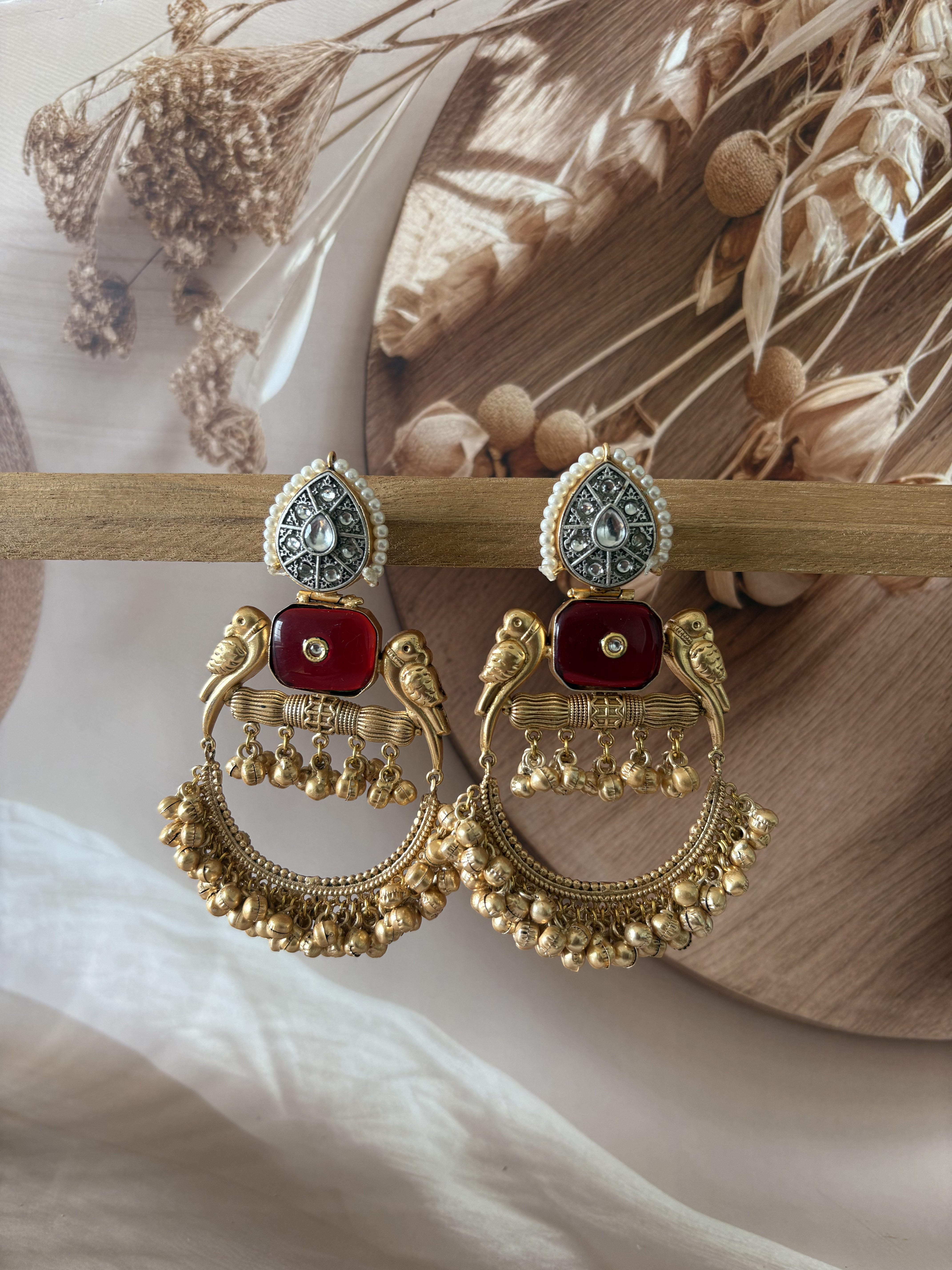 HEENA GOLD AND SILVER TONE  GHUNGROO STUDDED EARRING SET