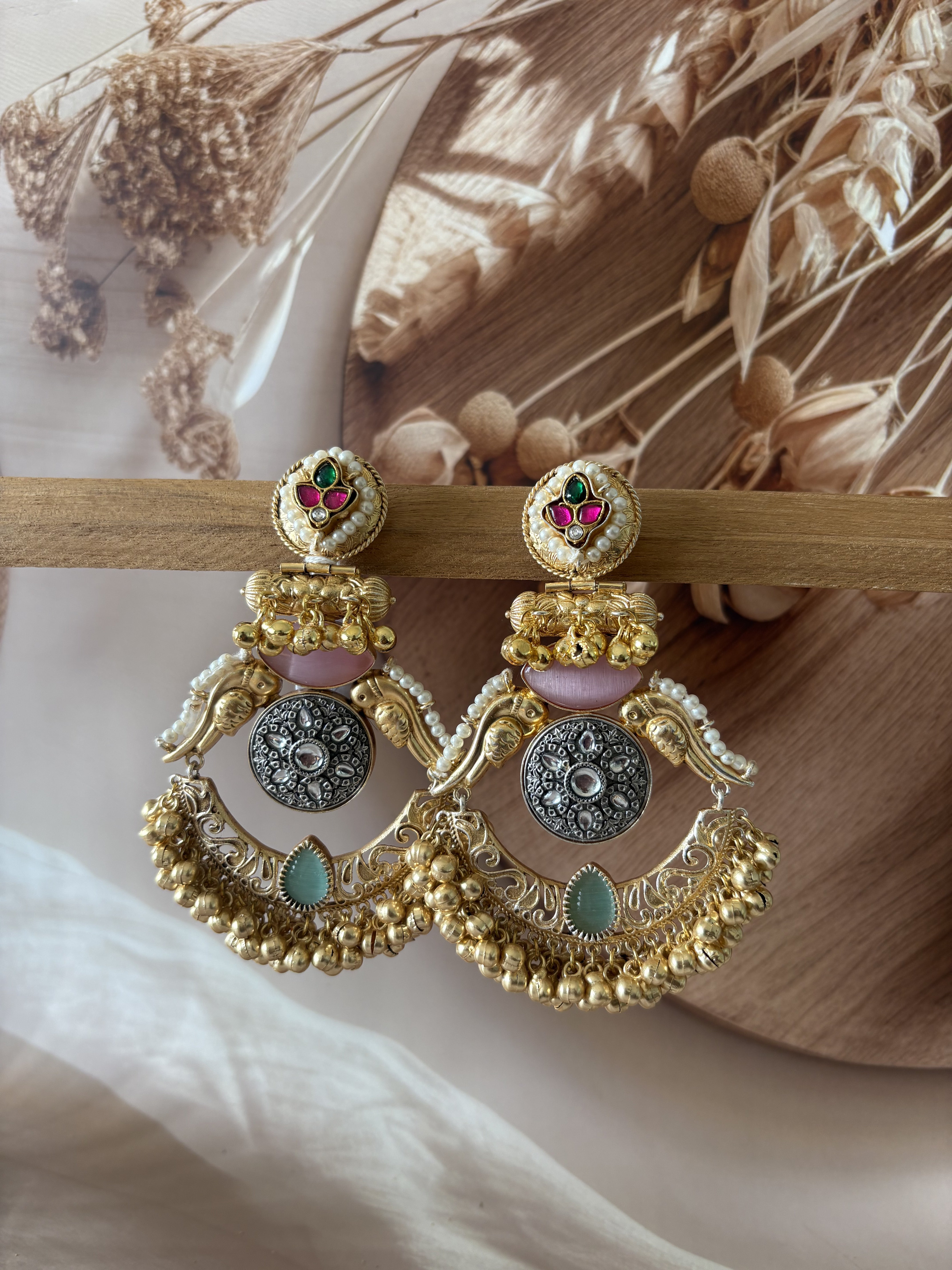 GOLD AND SILVER TONE KUNDAN STONE JHUMKA SET