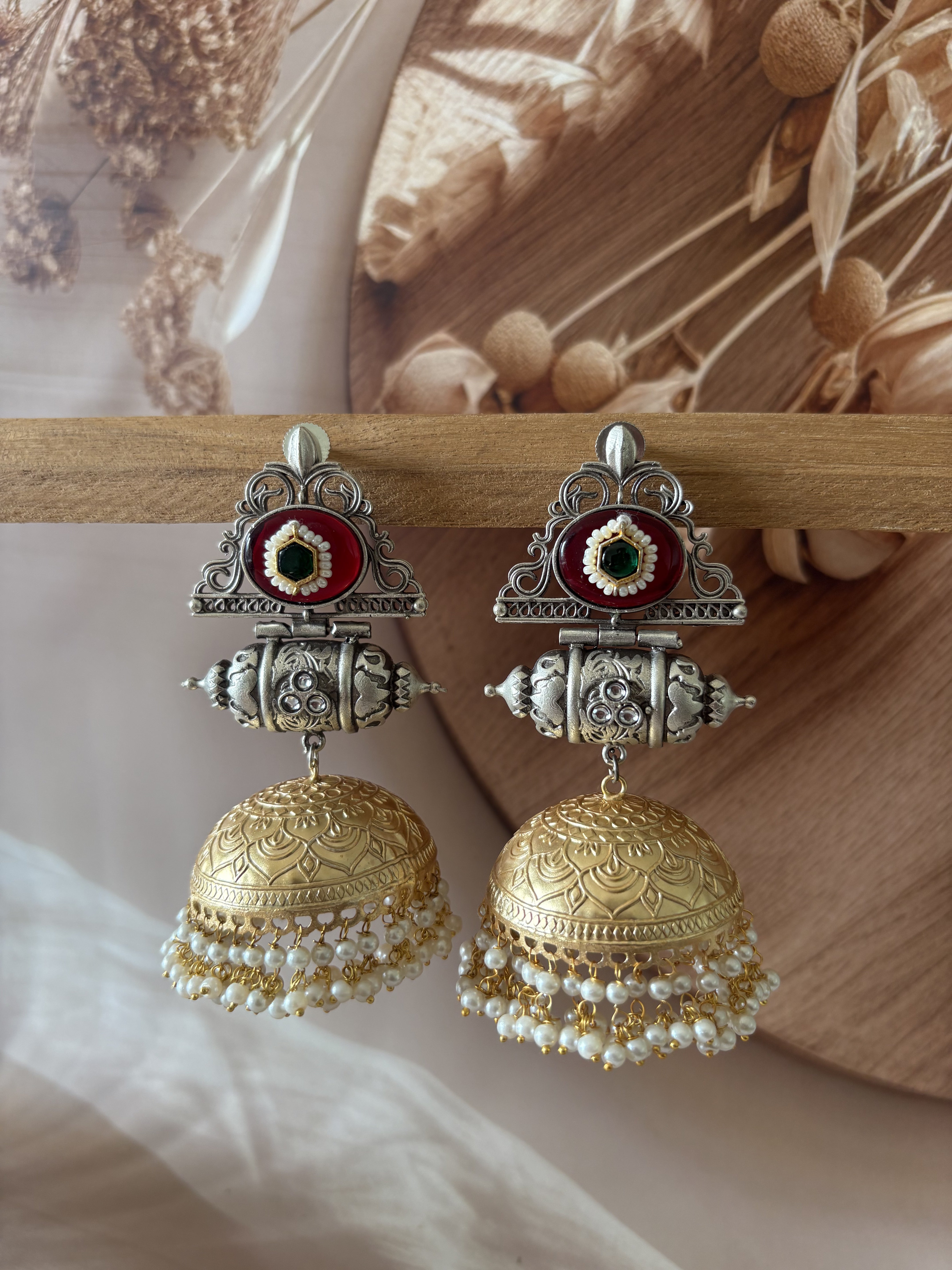 GOLD AND SILVER TONE MANJARI OXIDISED EARRING SET
