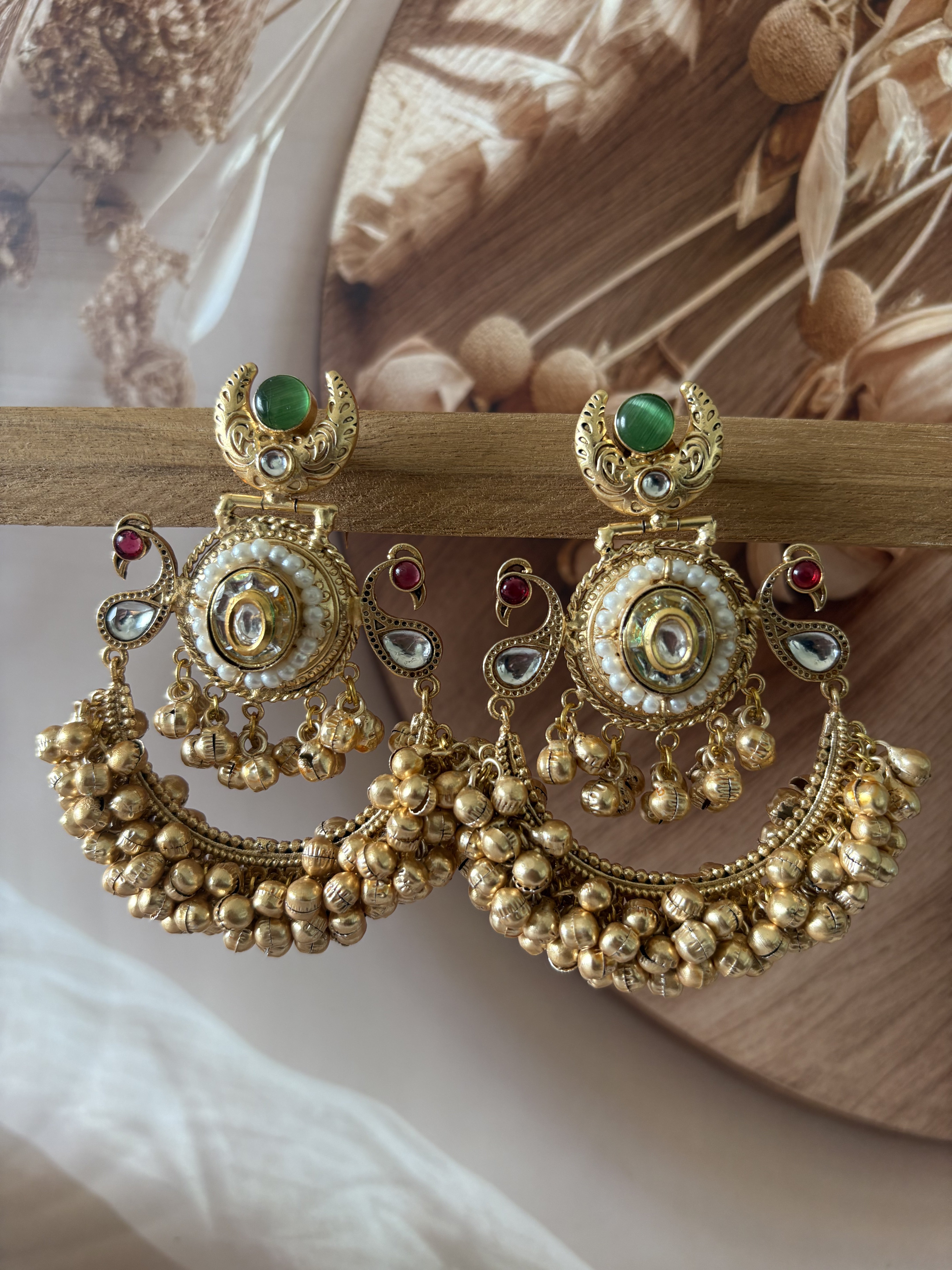 GOLD TONE GHUNGROO GREEN STONE DROP EARRING SET