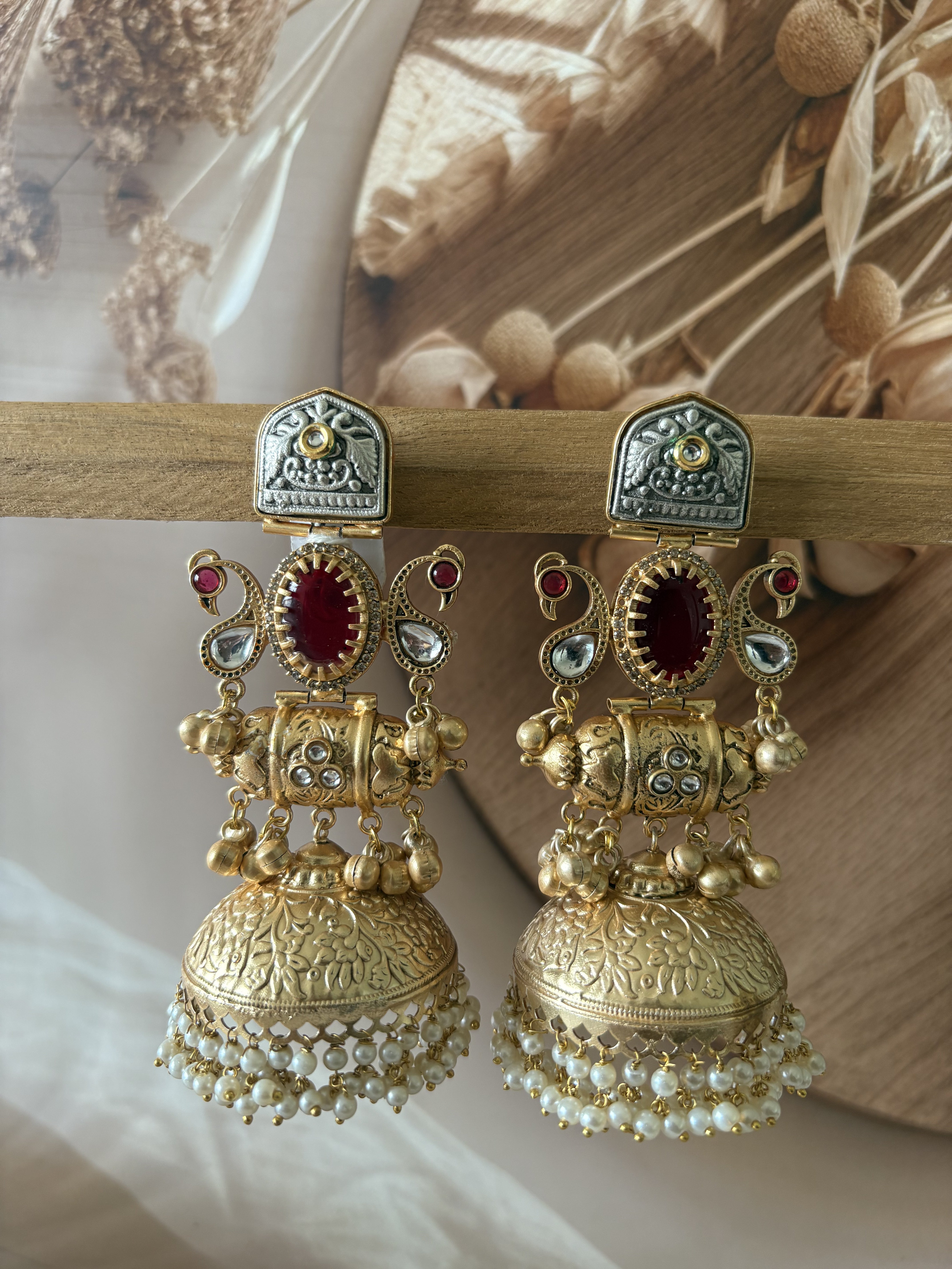 GOLD AND SILVER TONE RED STONE  BEADED JHUMKI EARRING SET