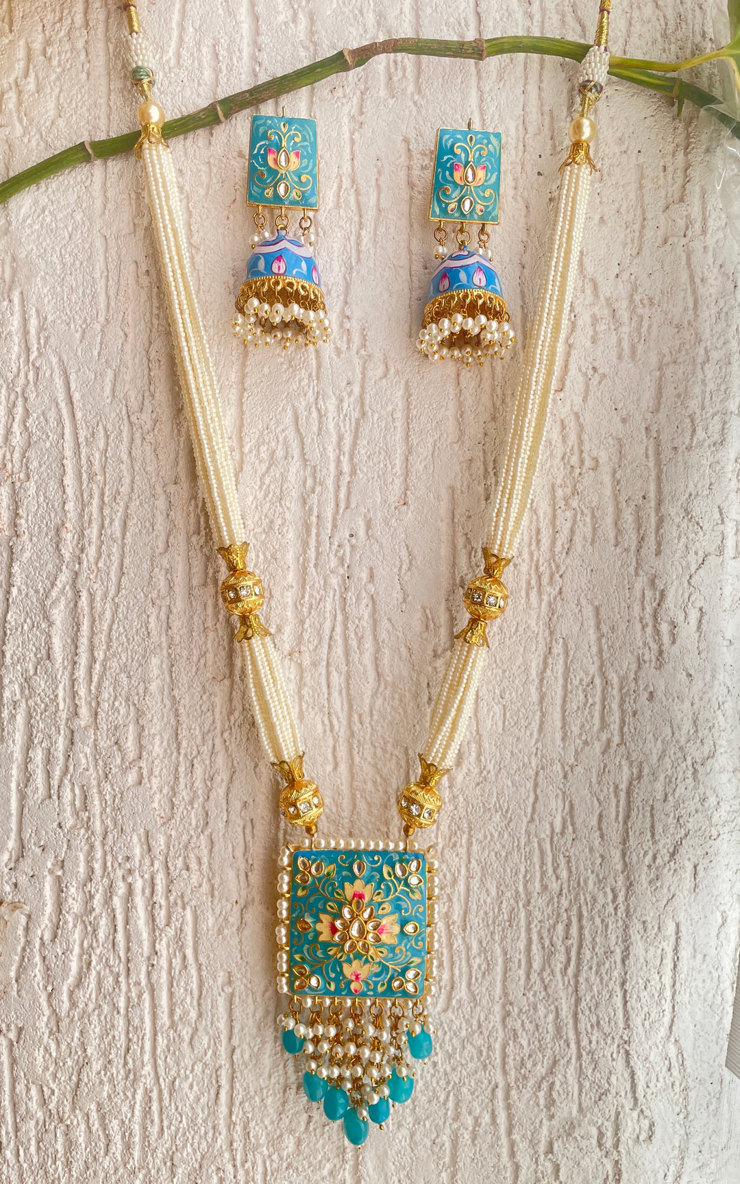 BLUE LOTUS HAND PAINTED  NECKLACE & EARRING SET