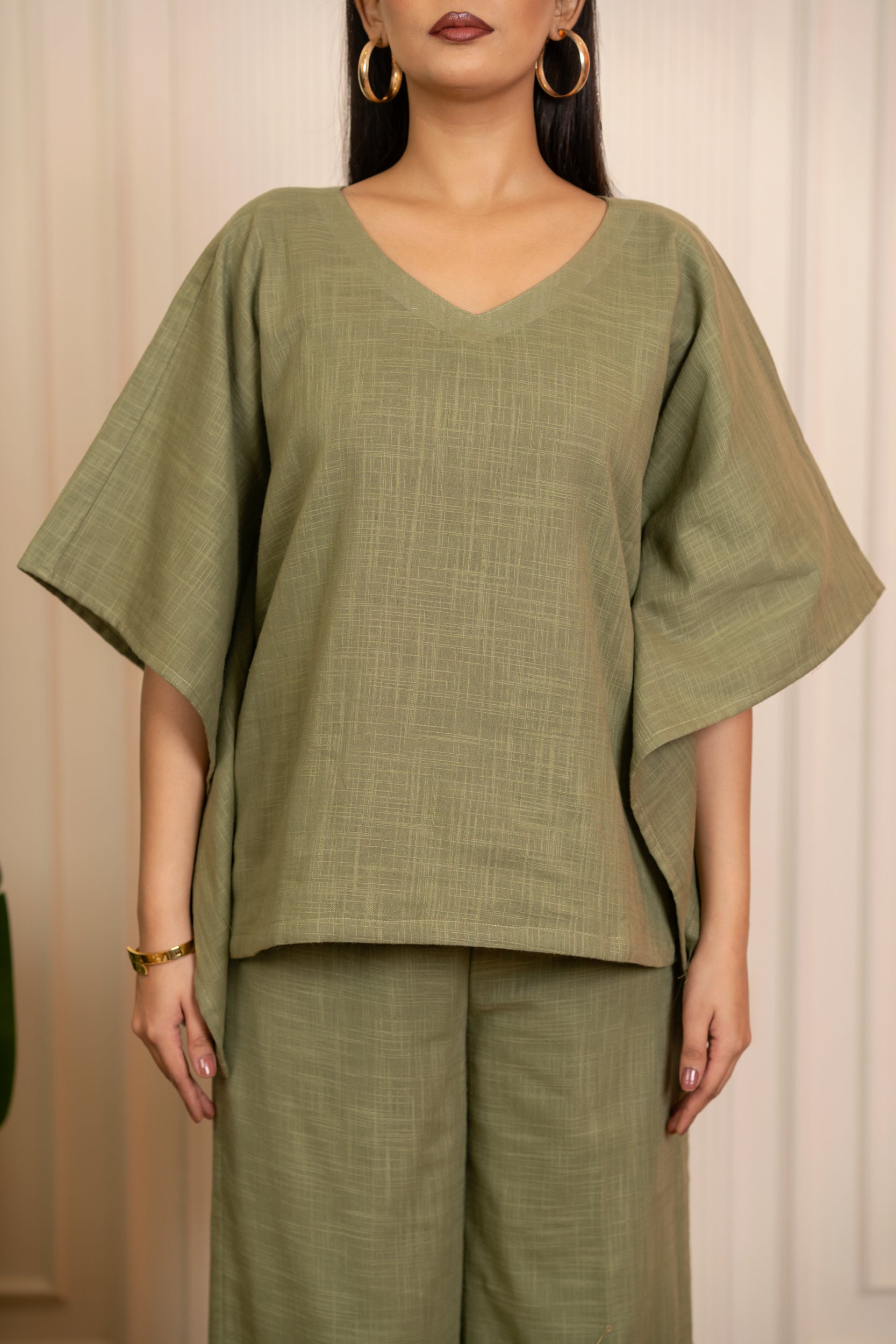 SUKOON GREEN COTTON SLUB  KAFTAN STYLE  CO_ORD SETS