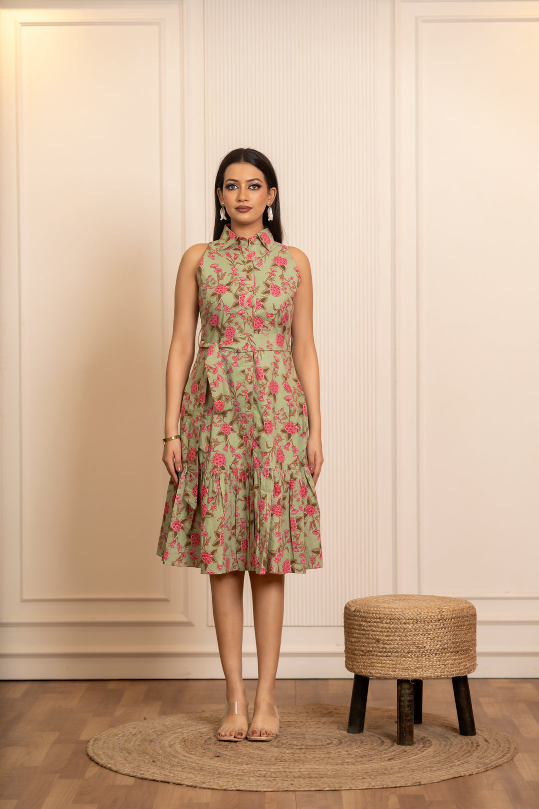 SUKOON SAGE  BLOOMS COTTON FLORAL KNEE LENGTH DRESS