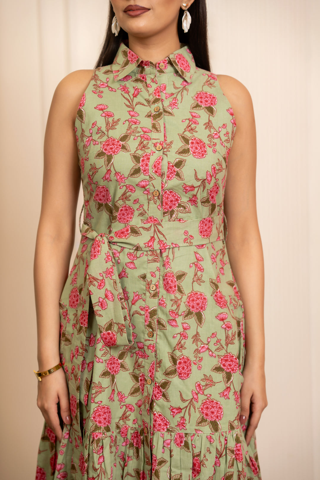 SUKOON SAGE  BLOOMS COTTON FLORAL KNEE LENGTH DRESS