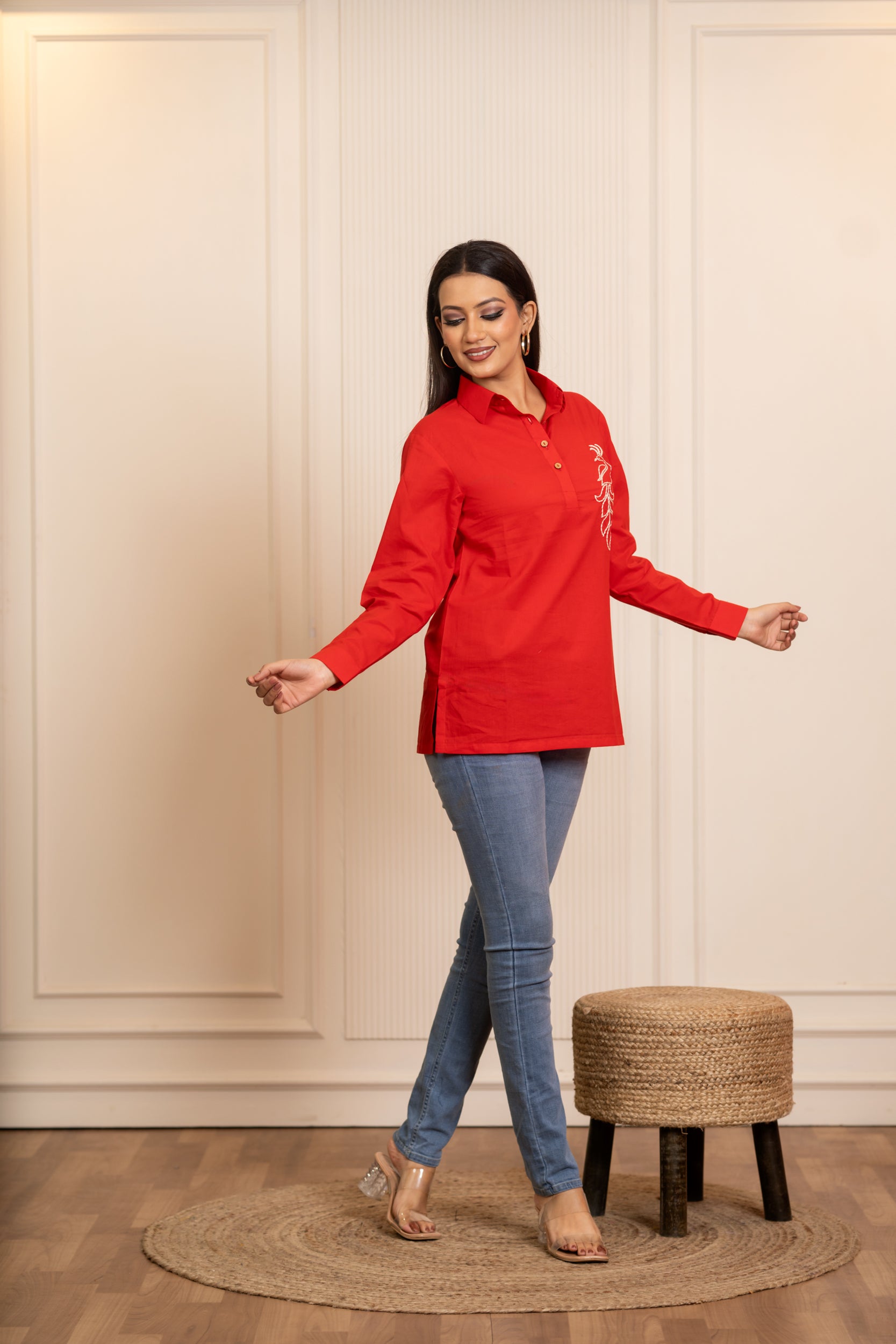 SUKOON  PEACOCK MOTIF RED TUNIC TOP