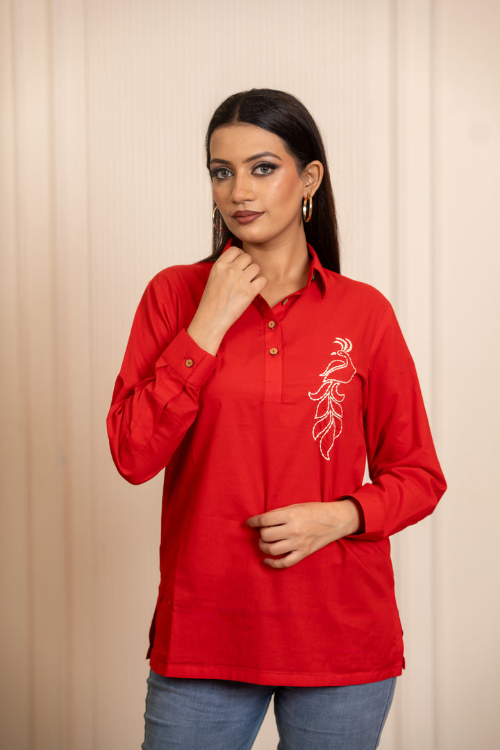 SUKOON  PEACOCK MOTIF RED TUNIC TOP