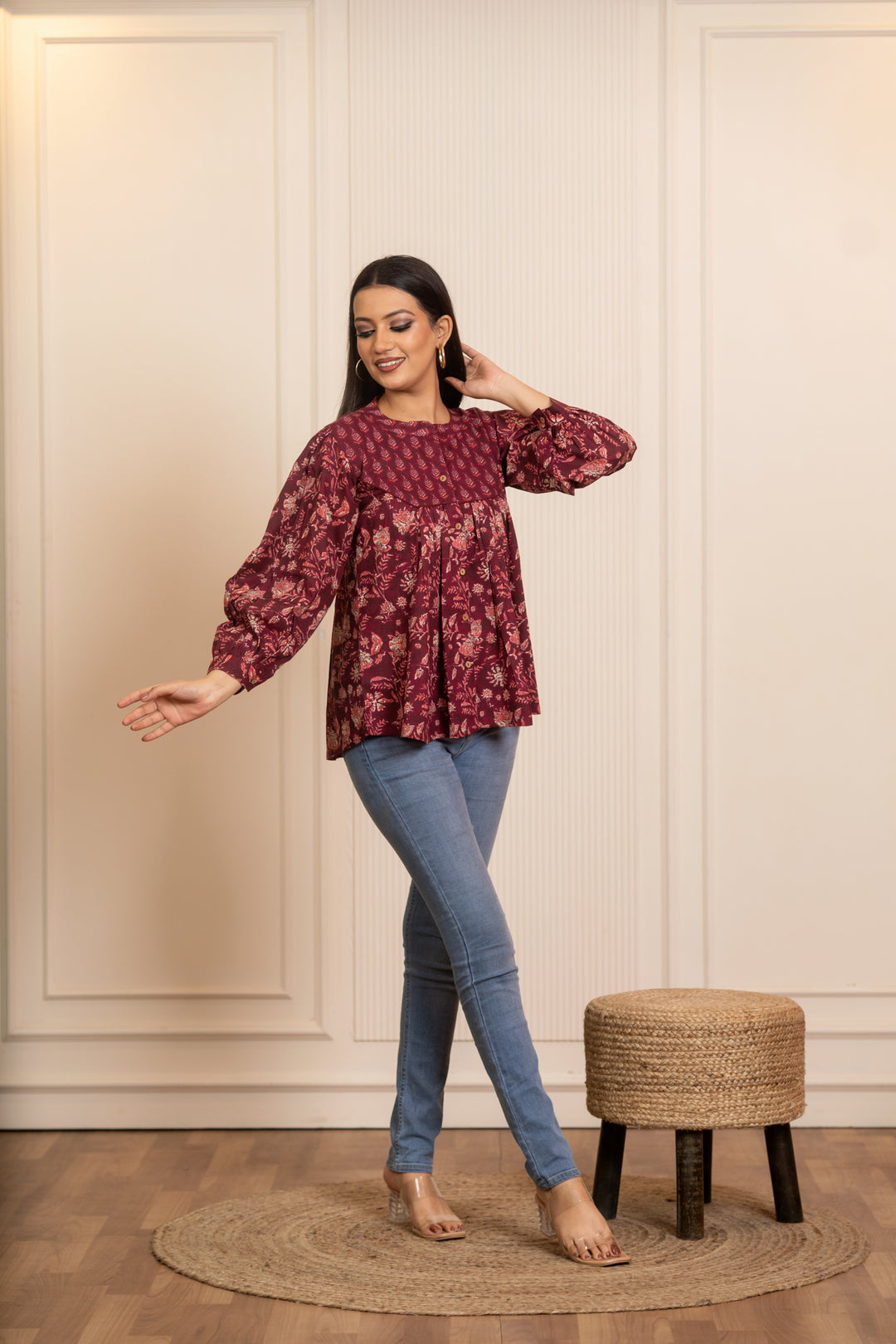 SUKOON COTTON WINE FLORAL TUNIC TOP