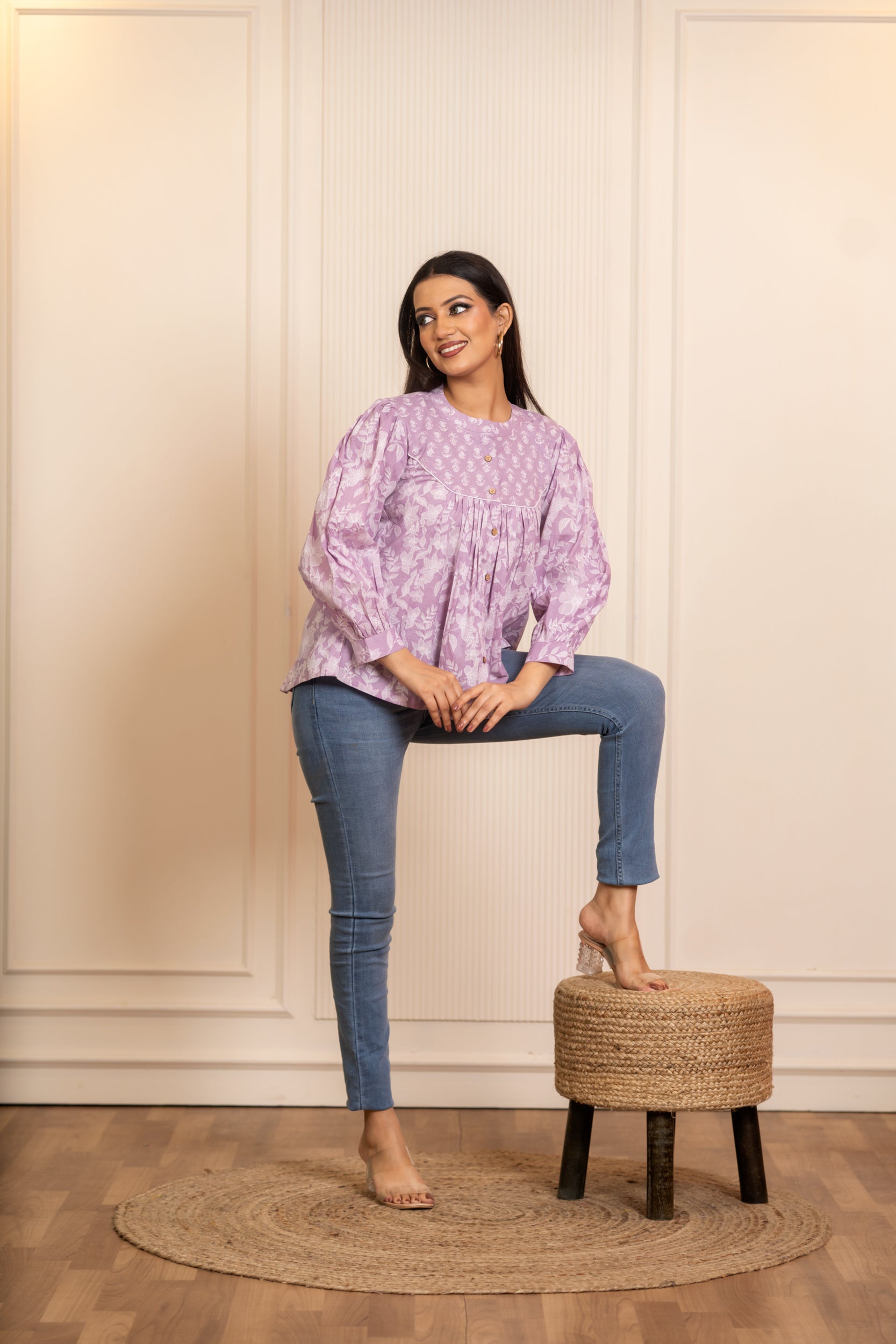 SUKOON COTTON LILAC FLORAL FLOWY TOP