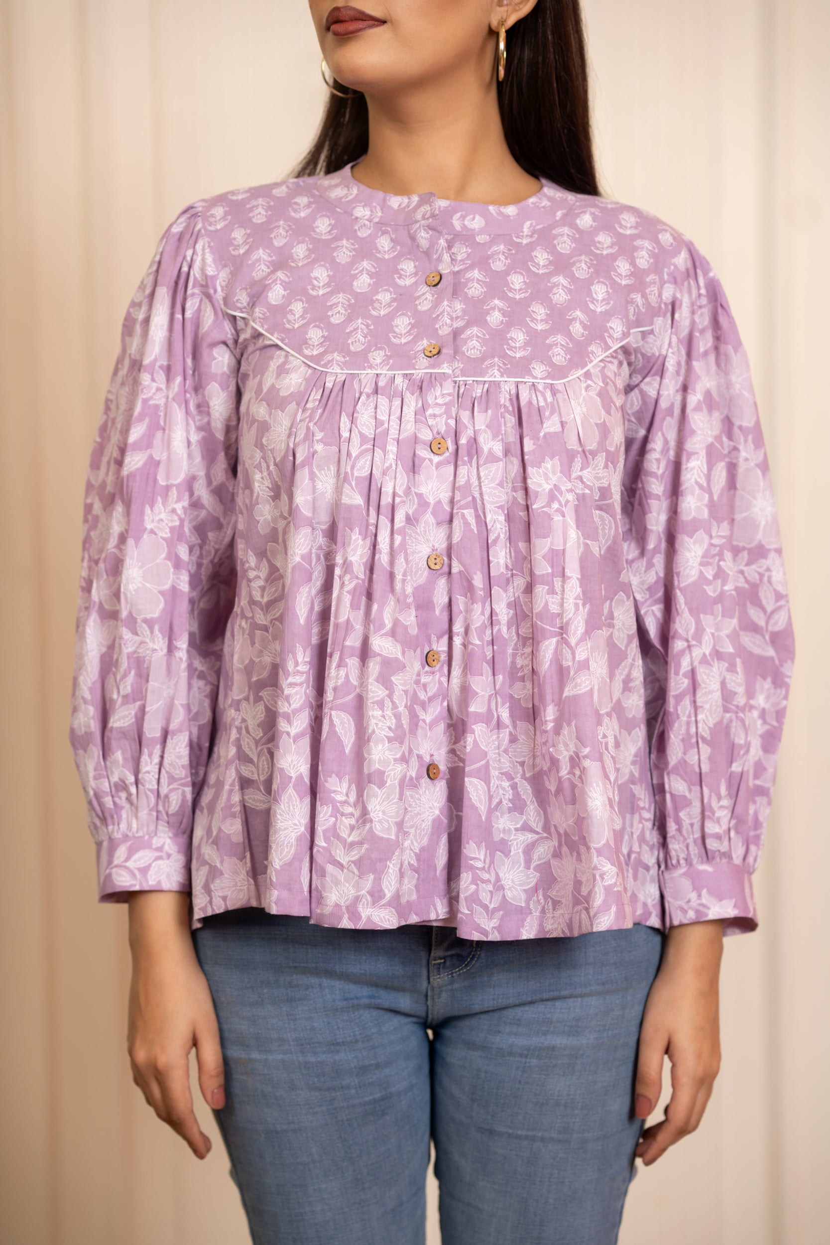 SUKOON COTTON LILAC FLORAL FLOWY TOP
