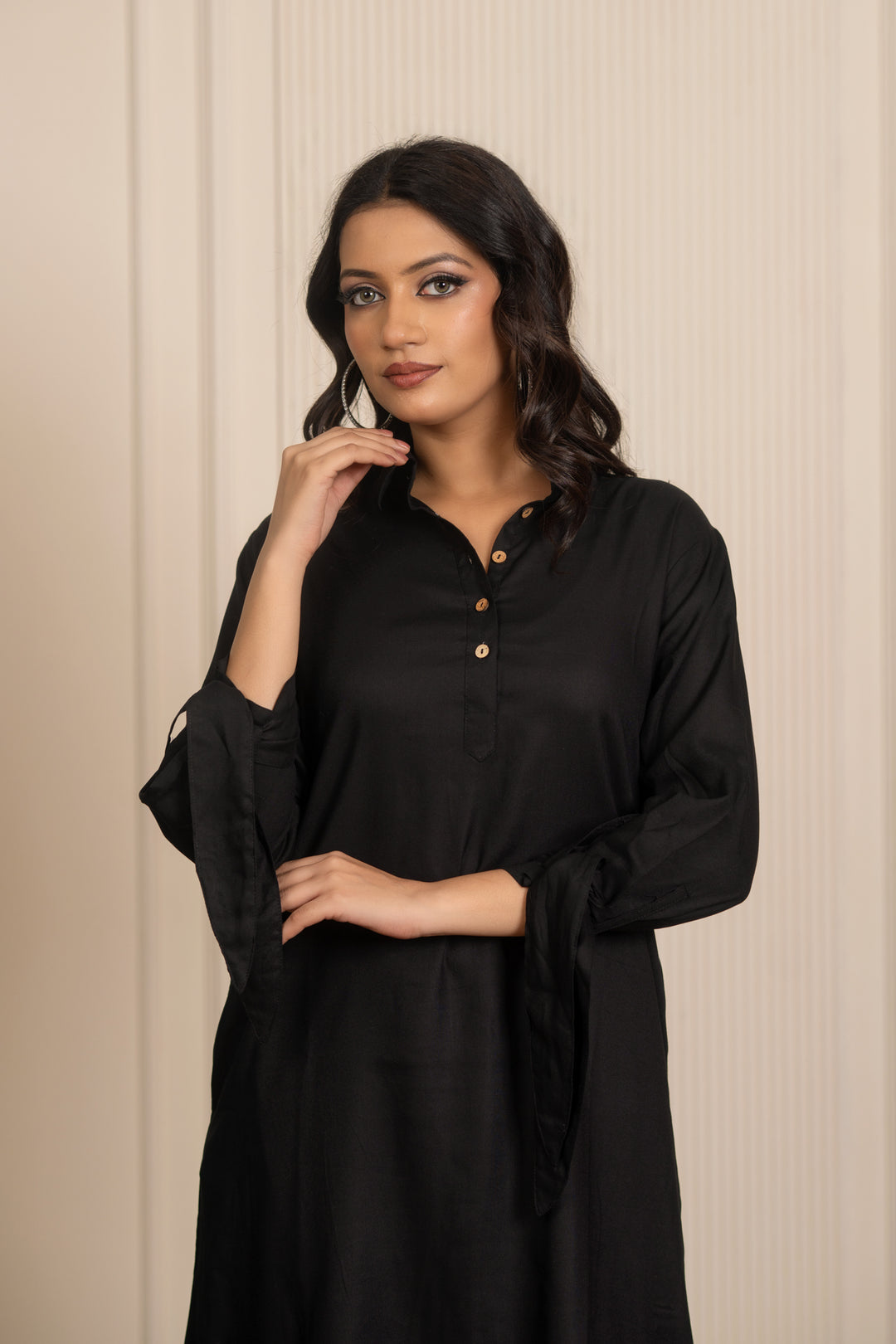 SUKOON BLACK RAYON SHIRT STYLE DRESS