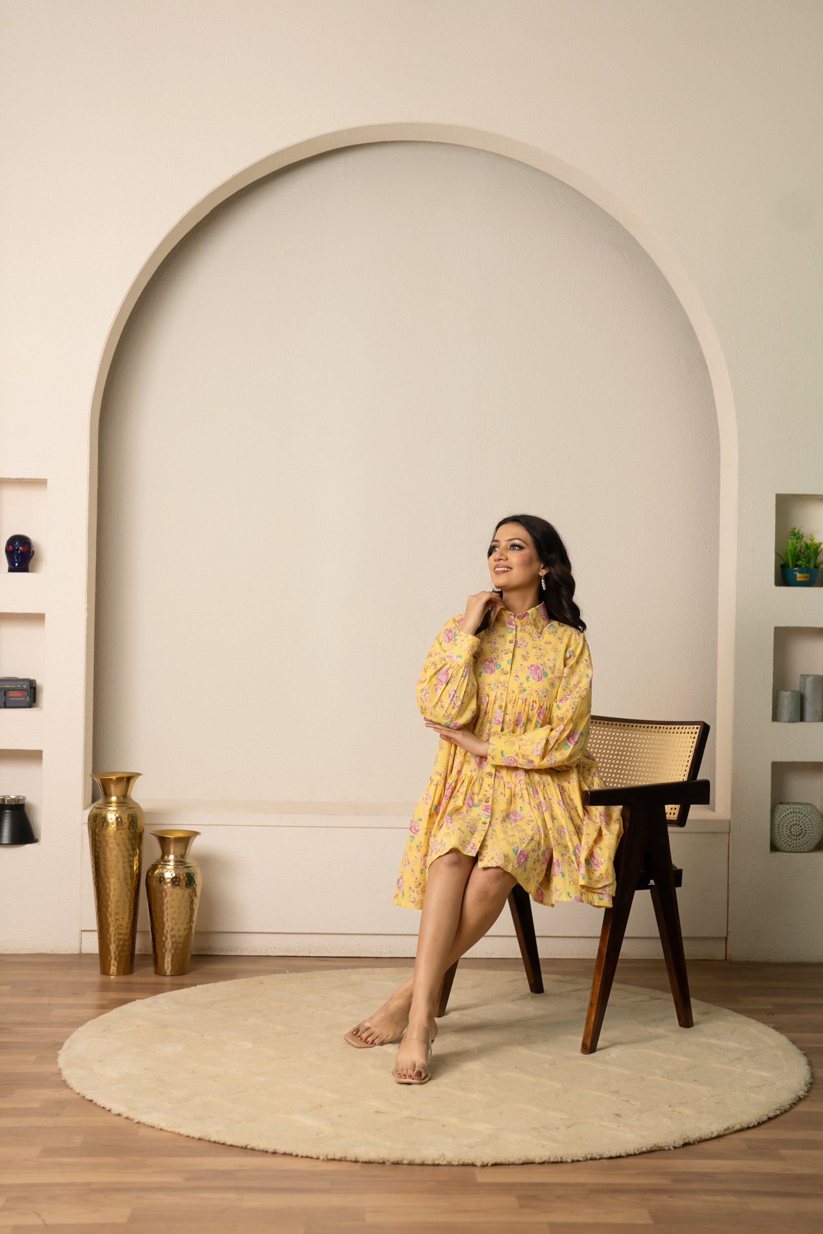 SUKOON YELLOW HUES FLORAL PRINT COTTON SUMMER DRESS