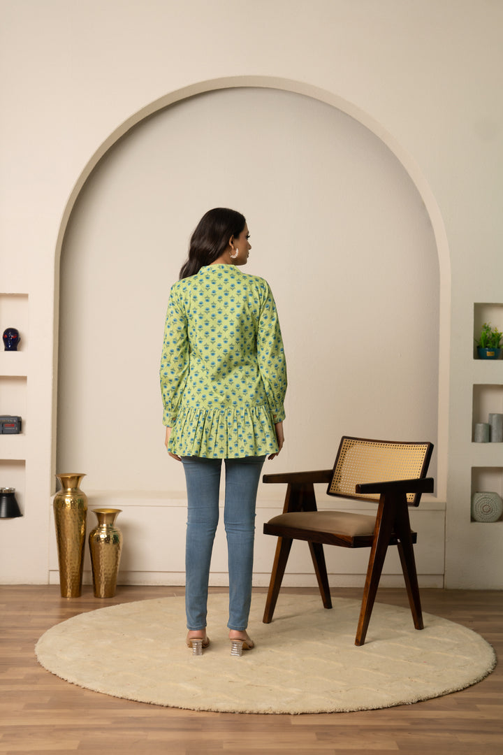 SUKOON  GREEN BOHO FLORAL TIE-FRONT COTTON HAND BLOCK TUNIC